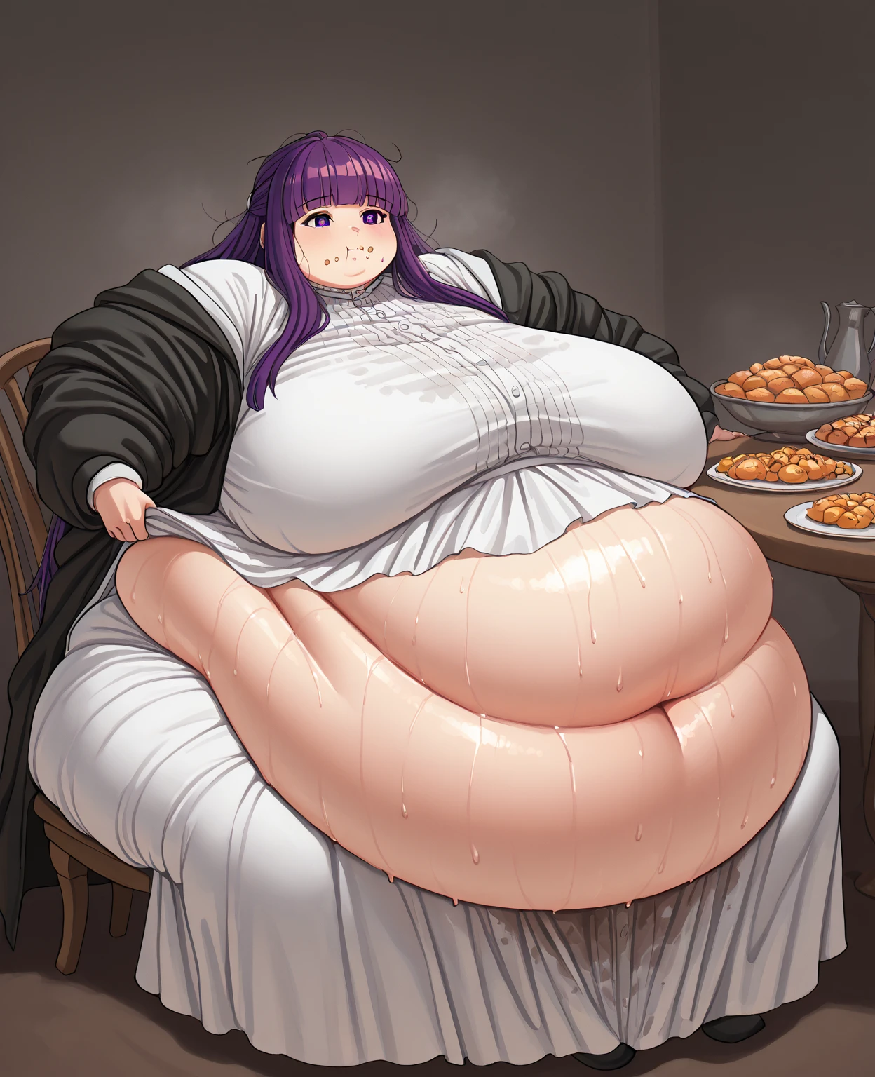 , very fat, safe for work, fat, large belly, standing, grabbing belly, very fat, large stomach, chubby (best quality, masterpiece), Ai hoshino safe for work, obese, giant belly, fat, huge, heavy, very fat, safe for work, fat, large belly, standing, grabbing belly, very fat, large stomach, chubby (best quality, masterpiece),Christmas, wearing sweater, eating, sitting down, table full of food, cookies, eating cookies, very fat, Christmas season, Christmas time, Christmas season, holidays, Christmas sweater,