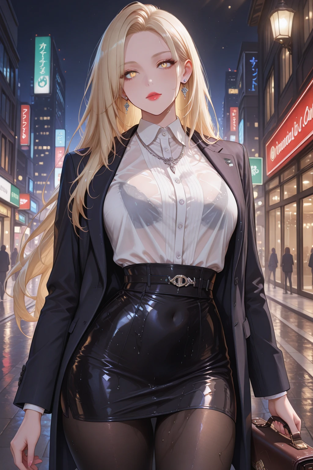 (masterpiece, highest quality, ultra high resolution),1 girl, Improve, Dark brown skin, blue eyes, blonde hair, big breasts, thick thighs, Hime cut, black office jacket, white shirt, black office skirt and black stockings, beautiful and detailed face, fine eyes, detailed nose, Cyberpunk city at night with fog and neon lights