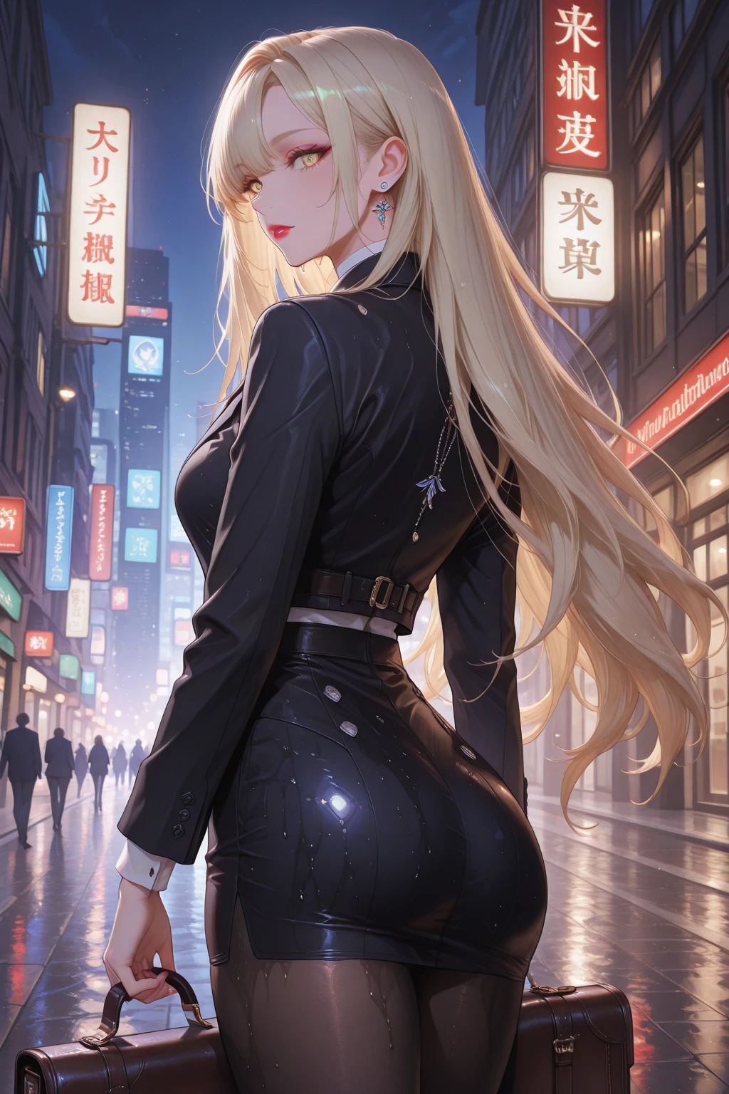 masterpiece, best quality, shadows, perfect hands, perfect legs, perfect anatomy, pretty face, mature features, 1 girl, 21 years old, mature woman, sexy black dress, city night background, white long hair, thighs, ass, breast, seductive, spicy, posing, cinematography lights,