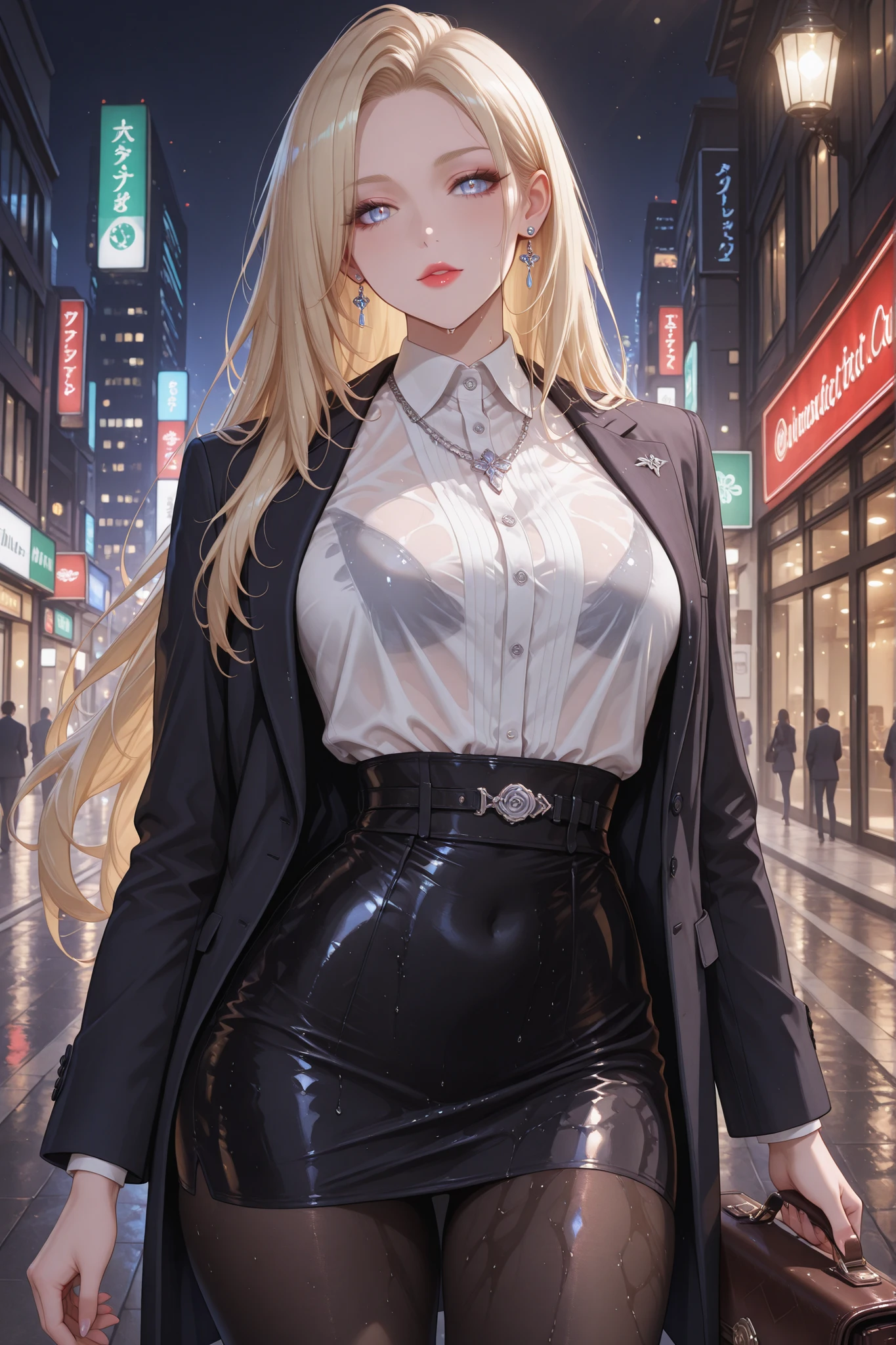 masterpiece, ultra highres, best quality, professional cinematic portrait, MAIN SUBJECT ULTRA DETAILED: elegant blonde businesswoman in her 30s, flawless complexion with subtle makeup (defined cheekbones, natural rose lipstick, mascara), perfectly styled blonde hair with natural movement, individual strands catching city lights, PRECISE CLOTHING DETAILS: tailored black designer suit jacket with visible Italian wool texture, subtle shoulder padding, polished silver buttons, pristine white silk blouse with delicate collar pleating, form-fitting pencil skirt with back vent, sheer black stockings, Italian leather stilettos with red soles, ACCESSORIES: pearl strand necklace with platinum clasp, diamond stud earrings, platinum watch, leather Hermès briefcase, LIGHTING: dramatic night photography, rim lighting outlining her silhouette, catch lights in eyes, BACKGROUND: f/1.8 extreme bokeh effect, heavily blurred human silhouettes (15% opacity), distant city lights reduced to soft orbs, wet asphalt reflecting neon signs as abstract colors, ATMOSPHERE: light evening mist, subtle wind effect on hair and jacket, professional urban ambiance, TECHNICAL: sharp focus only on subject, cinematic color grading, ultra-detailed fabric textures, 8k resolution capturing every thread and texture
