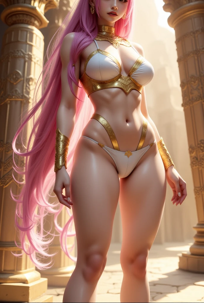 Purple-blond hair, Gao cold expression, Detailed facial features, The most beautiful face, Expressive hair, Hairline, A thin body, Abs, A tattoo of a cross tattoo on her left foot, She held a purple-gold shield in her left hand, She held a purple-gold longsword in her right hand, She wears revealing clothing with religious overtones, She wears a crown of a purple-gold cross on her head, hyper HD, Award-Awarded, Full body photo, Verism, Chiaroscuro, Cinematic lighting, Wide shot, Masterpiece, Textured skin, High details, Best quality, 16k, ccurate