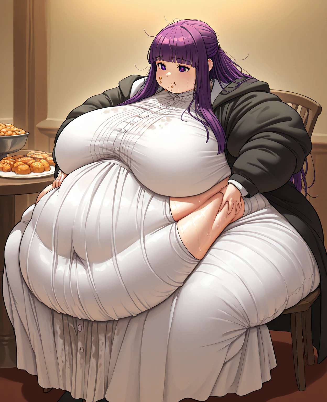 morbidly obese pale goth girl with food smeared on her face breaking a chair under her heavy weight