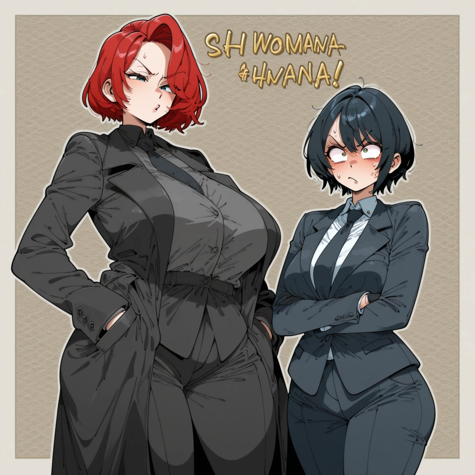two sexy women in businesswomen outfits looking down at 4 years old boy with blonde hair, looking at camera, seductive smiles, various hair, full body, fully white background