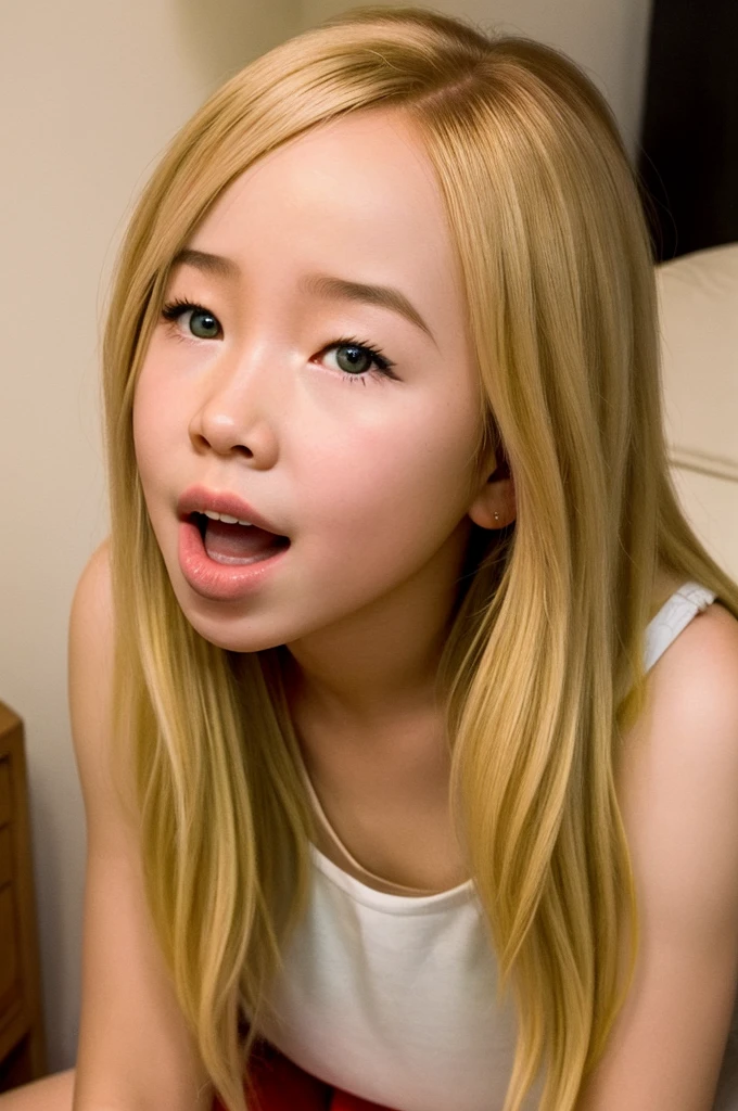 A blonde hair beautiful hair asian girl giving blowjob, with her white hands holding a big balck penis