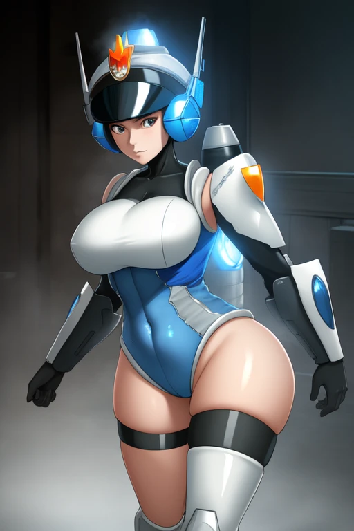 [patricia wagon], [mighty switch force], ((masterpiece)), ((HD)), ((beautiful render art)), ((solo portrait)), ((waist up)), ((front view)), ((cinematic lighting)), ((anime)), ((detailed shading)), ((intricate details)), {(athletic figure), (cute dark-blue eyes), long eyelashes, (short yellow-brown hair), (medium boobs), (gorgeous wide hips), (thick thighs), (muscular legs), (beautiful legs), (angry), (frown)}, {(blue leotard), (white armor), (black gloves)}, {(standing), (looking at viewer)}, [Background; (city), (town square), (starry sky), (nighttime), (ambient lighting)]