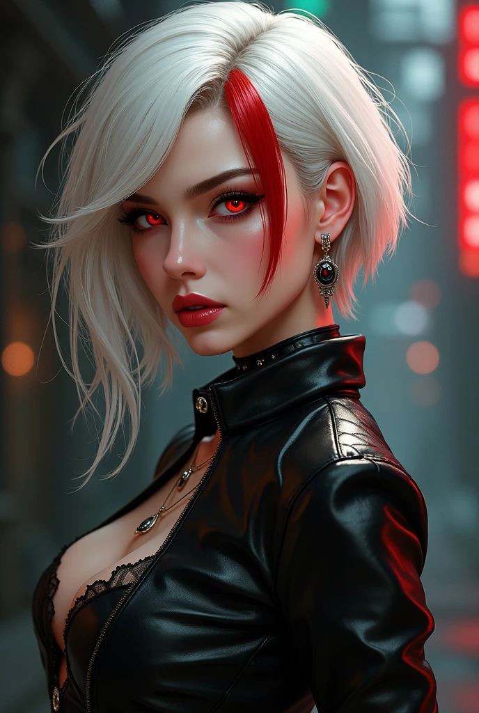 anime women, dark outfit with red details, white hair, (golden eyes) standing in a rain soaked street at night, photorealistic, cinematic lighting (best quality:1.2),ultradetailed,vivid colors,bokeh,[realistic], angry looking face with smirk on mouth, piercing, ABS, looking up at the camera
