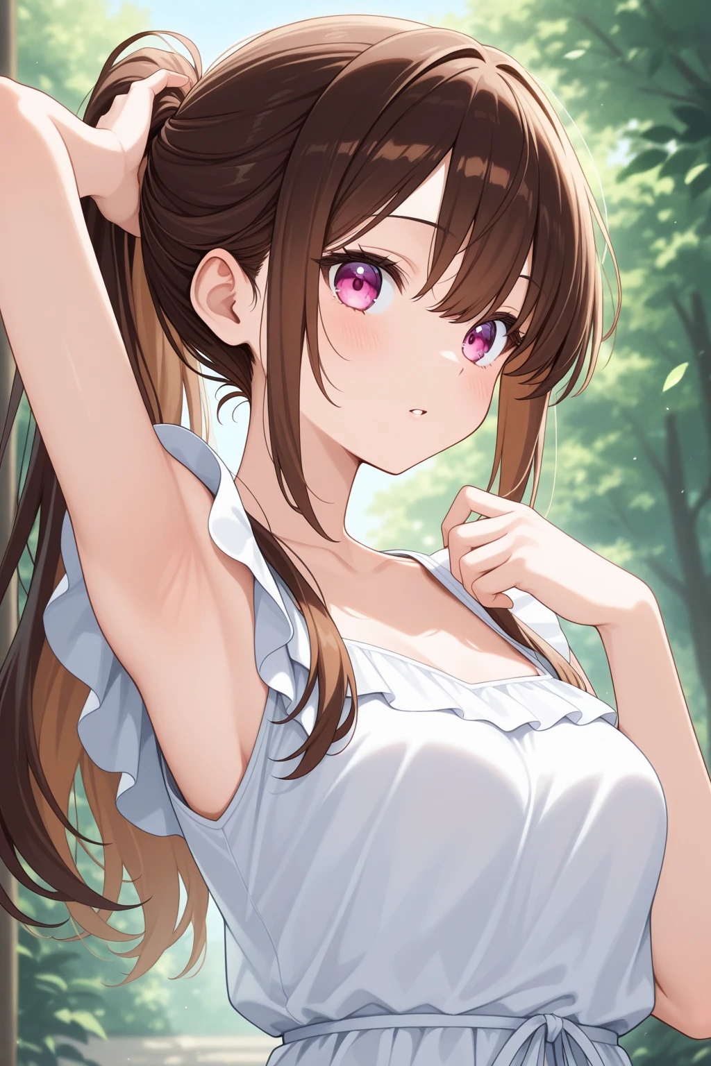 (Highres), (Detailed Illustration), Ultra-Detailed, Ambient Light, Backlighting, Realistic Shadows, Glowing Particles, Light Particles, Digital Art, Soft Light, Soft Lighting, White Light, White Lighting, Reflections, Detailed Face, (Detailed Hair:1.2), Dim Lighting, Indirect Lighting, Reflections, Detailed Face, (Detailed Hair:1.2), (Desaturated:1.4),
(indoors:1.2), looking at viewer,
(1girls:1.4), blush, smile, upper body, against_tree, bare_shoulders, bare_tree, blush, branch, breasts, brown_eyes, brown_hair, bush, cum, dappled_sunlight, day, foliage, forest, garden, grass, in_tree, ivy, large_breasts, leaf, long_hair, nature, outdoors, palm_tree, panties, park, pine_tree, plant, sitting, sitting_in_tree, sky, smile, solo, thighhighs, tree, tree_shade, under_tree, underwear, white_panties
(<lora:more_details:0.5>), <lora:LoRa_Saya_Kamishiro:.80>,