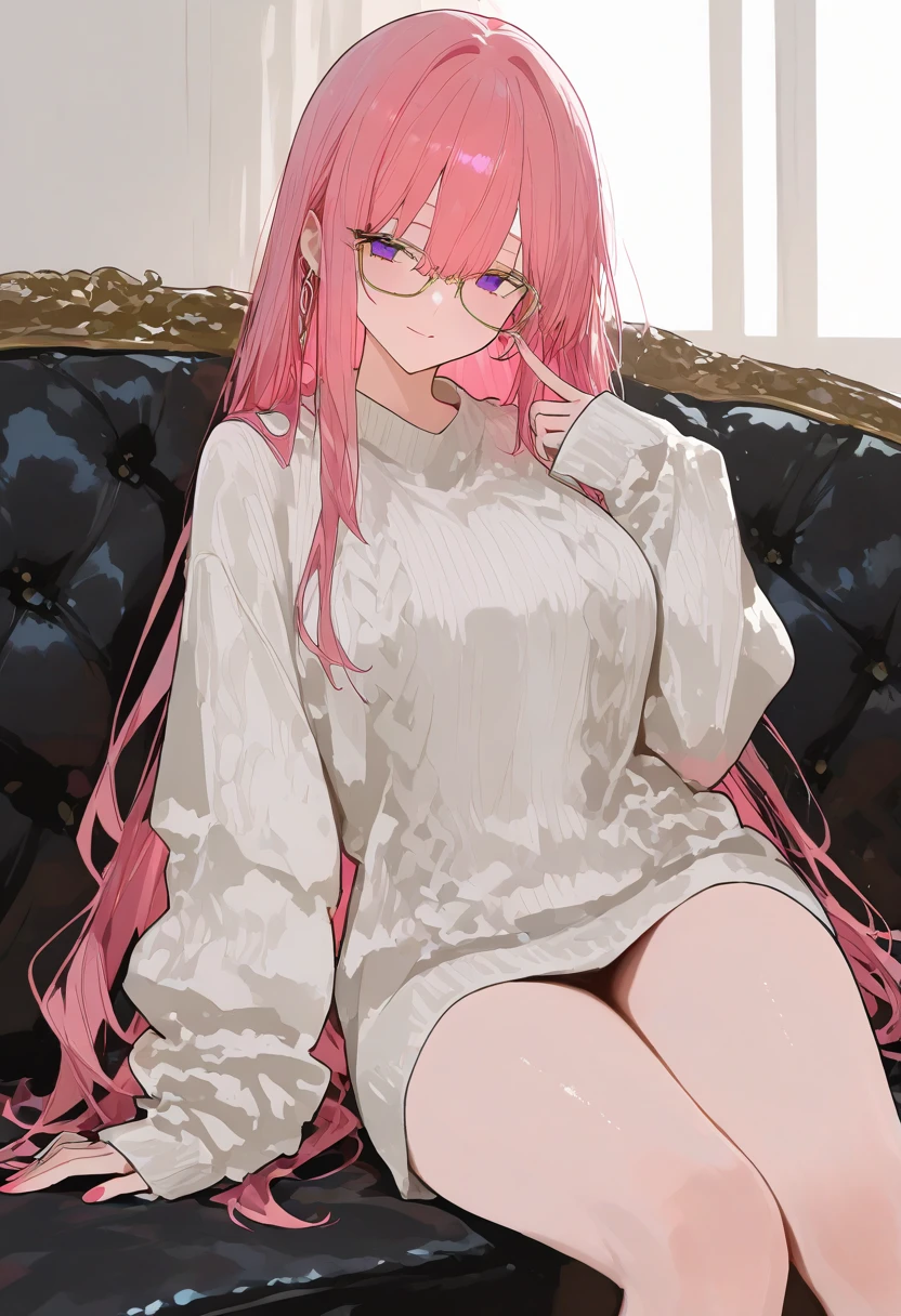 (2d cute anime:1.3). Fantasy. Irene Bae JooHyun, sitting, detailed white sweater. half body portrait, Vixip, design by Yusuke Kozaki, oil by Gregory Manchess. stunningly beautiful, golden eyeglasses, pink hair, blush, humble, curvy, table, home, hands. Hand drawing illustration. highly detailed. Cinematic lighting