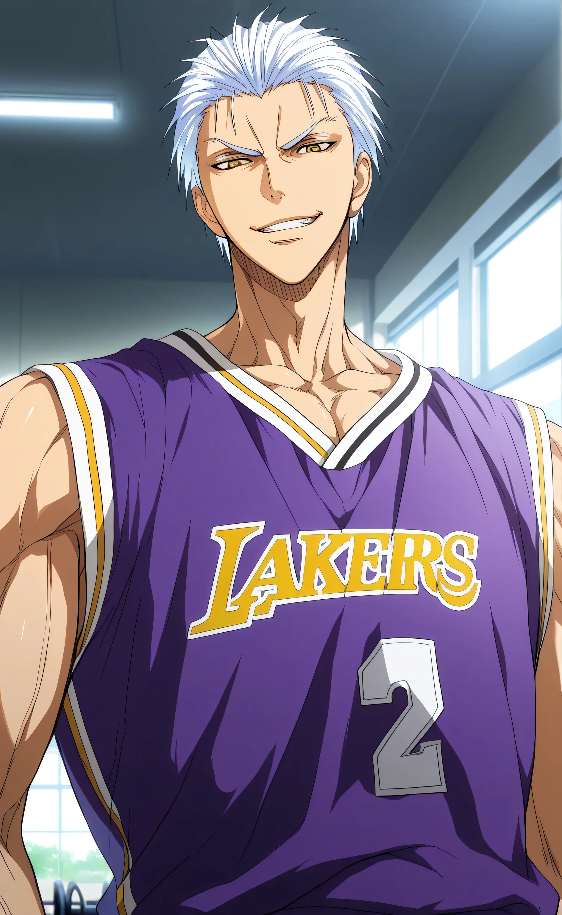 1male,solo,Ryuga,white hair,short hair,slicked back hair,yellow eyes,evil grin,LA Lakers Home Jersey,purple shirt,muscle,gym,school,half-body,Kuroko no Basuke