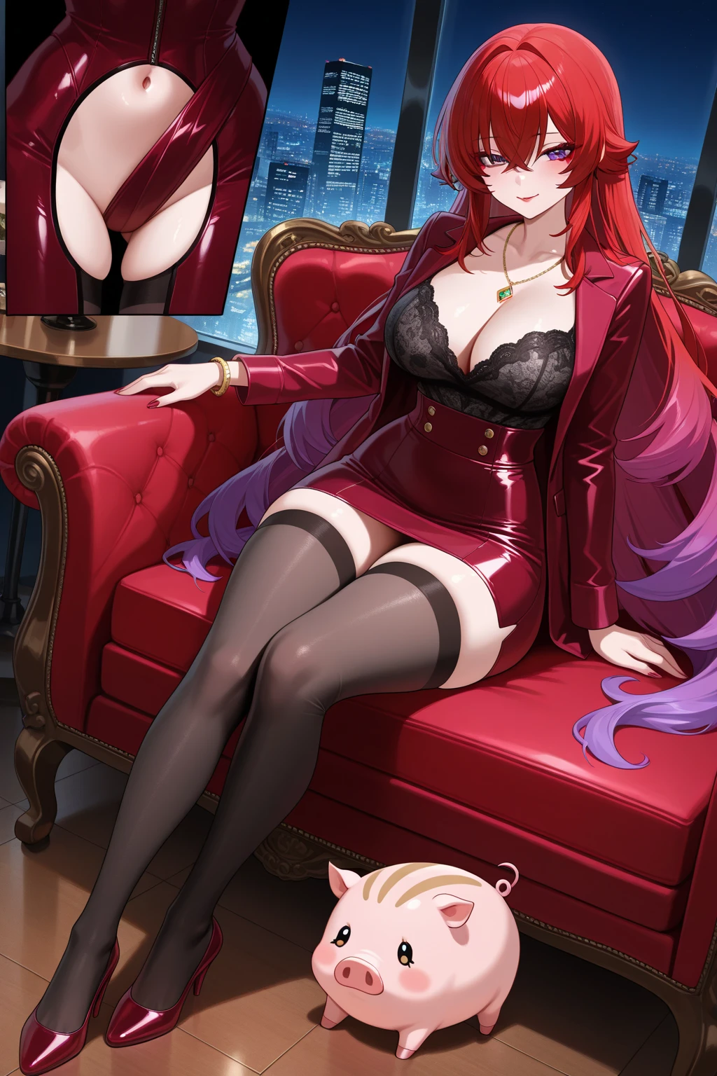 cartoon，female，Mature，Royal sister，Big breasts，Long red wavy curly hair，Purple Eyes，Fox Eyes，Mole on right cheek，White Off-The-Shoulder Sweater，Black leather skirt，Black Silk，Black high heels，Showing cleavage，Black suspenders
