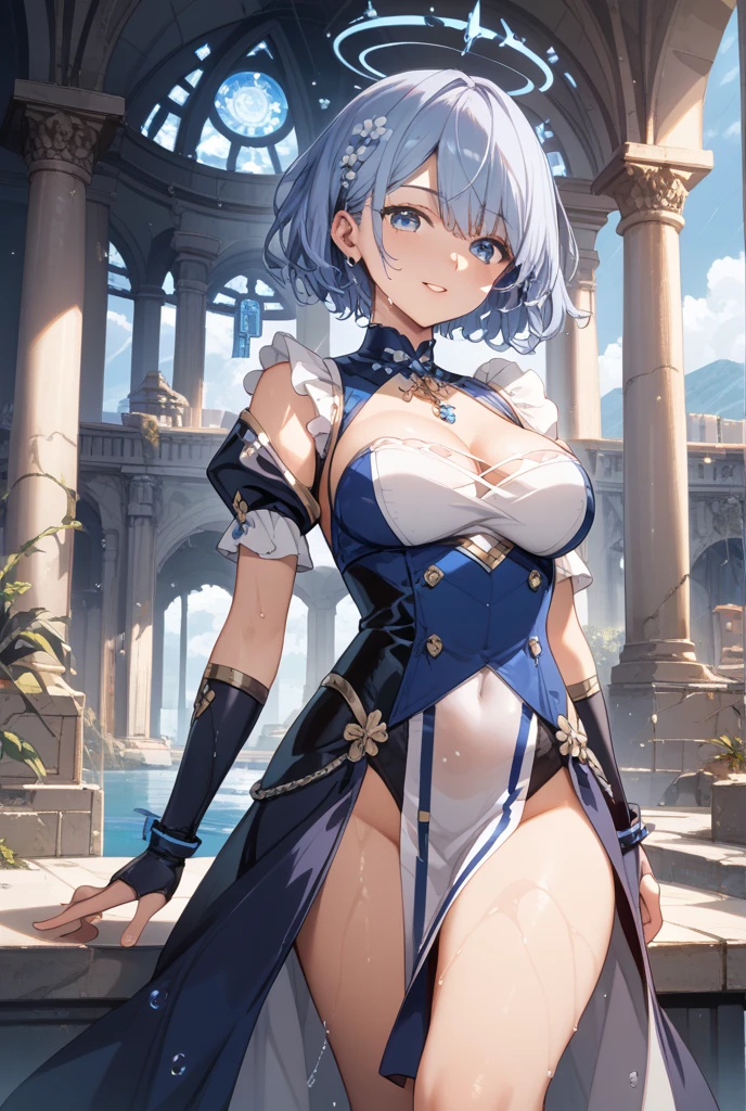 close up shot of a woman in a silver and blue dress, silver armor, large breasts, cleavage, chengwei pan on artstation, by Yang J, detailed fantasy art, stunning character art