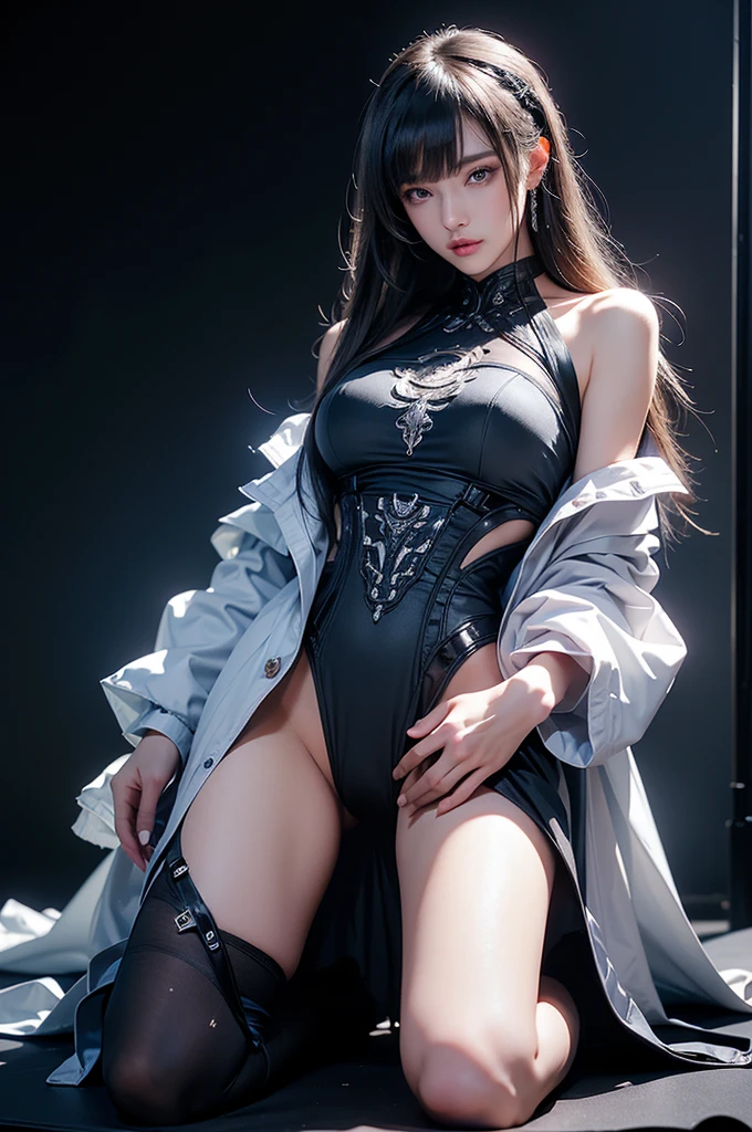 masterpiece, best quality, Very detailed, to the camera, 複雑に詳細なVery detailed, Practical, Distinctive features, Very detailed, Clear focus, Perfect face, Perfect face, Perfect symmetry，perfects eyes, Perfect plump lips, Flexible female form, Movie, lamp, Very detailed, hyper Practical, masterpiece, atmosphere, high resolution, Energetic, 动态工作室lamp光, ((Dark background)), Endure the expression of happiness, Straight bangs, blue eyes,Kneel down，Hands on hips、butt、Sexually excited expressions、No clothes、National Foundation,((Top quality、8K、masterpiece:1.3))Wears a silver-white mech，Girl with delicate face，Highest image quality，Ultra-clear，Exquisite and clear facial features，End of the World，Robotic Arm，Delicate and detailed mechanical pattern,Cyberpunk Characters、numbercity、number、century、throne，（（（Perfect figure，figure，Black tight fitting leather clothing, black leather clothing, leather clothing, reflective clothing， （（（boa hancock，Dark long hair, combed with a chiffon hairstyle, slightly wide forehead smooth and flat, deep blue eyes, slender and delicate corners of the eyes, almond eyes exuding a hint of coldness, nose bridge high and straight, nose small and delicate, lips soft without any wrinkles. Wearing a pair of snake shaped golden earrings under the ears）））((masterpiece)),high resolution, ((Best quality at best))，masterpiece，quality，Best quality，（（（ Exquisite facial features，looking at the audience,There is light in the eyes，(sticking out tongue, opening mouth)，））），型figure:1.7））），（（（Interlacing of light and shadow，huge boobs））），（（（looking into camera，black background，)）））
