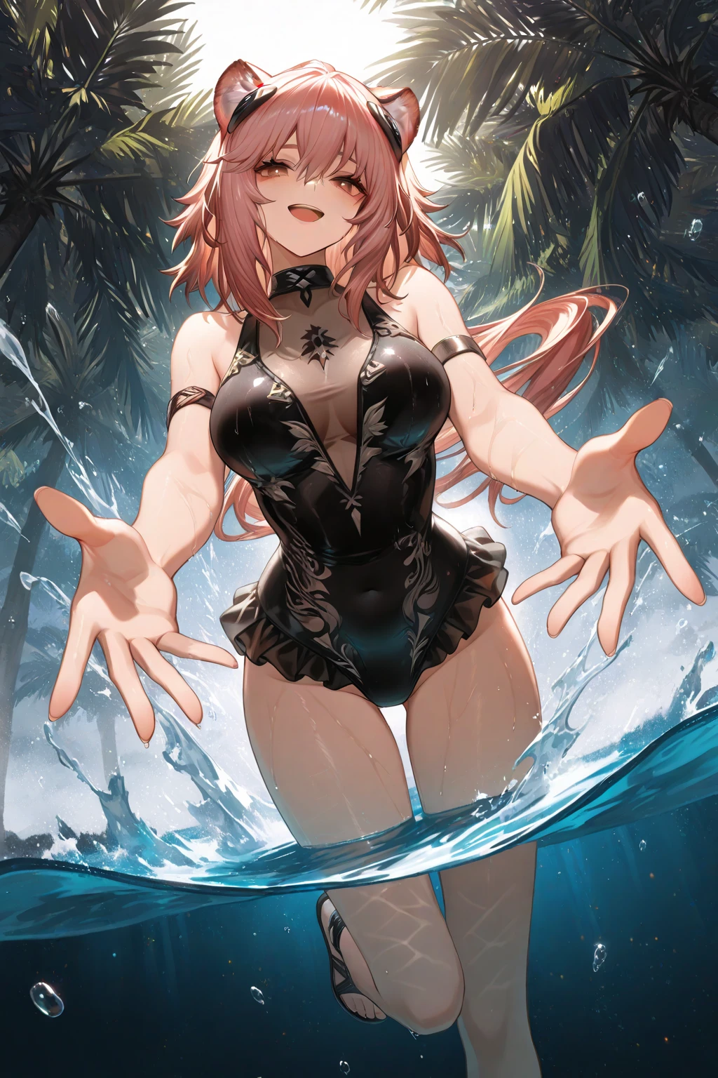 Anime girl in bikini with umbrella and bow in pool, swimsuit, Pisif, at pixiv, rias gremory, bathing suit, seductive anime girls, Sling bikini, Attire: Bikini, Pisif 3DCG, Highest rated on Pisif, Pisif Contest Champion, Bikini. background of hell. gore, Pisif daily ranking, in a bikini