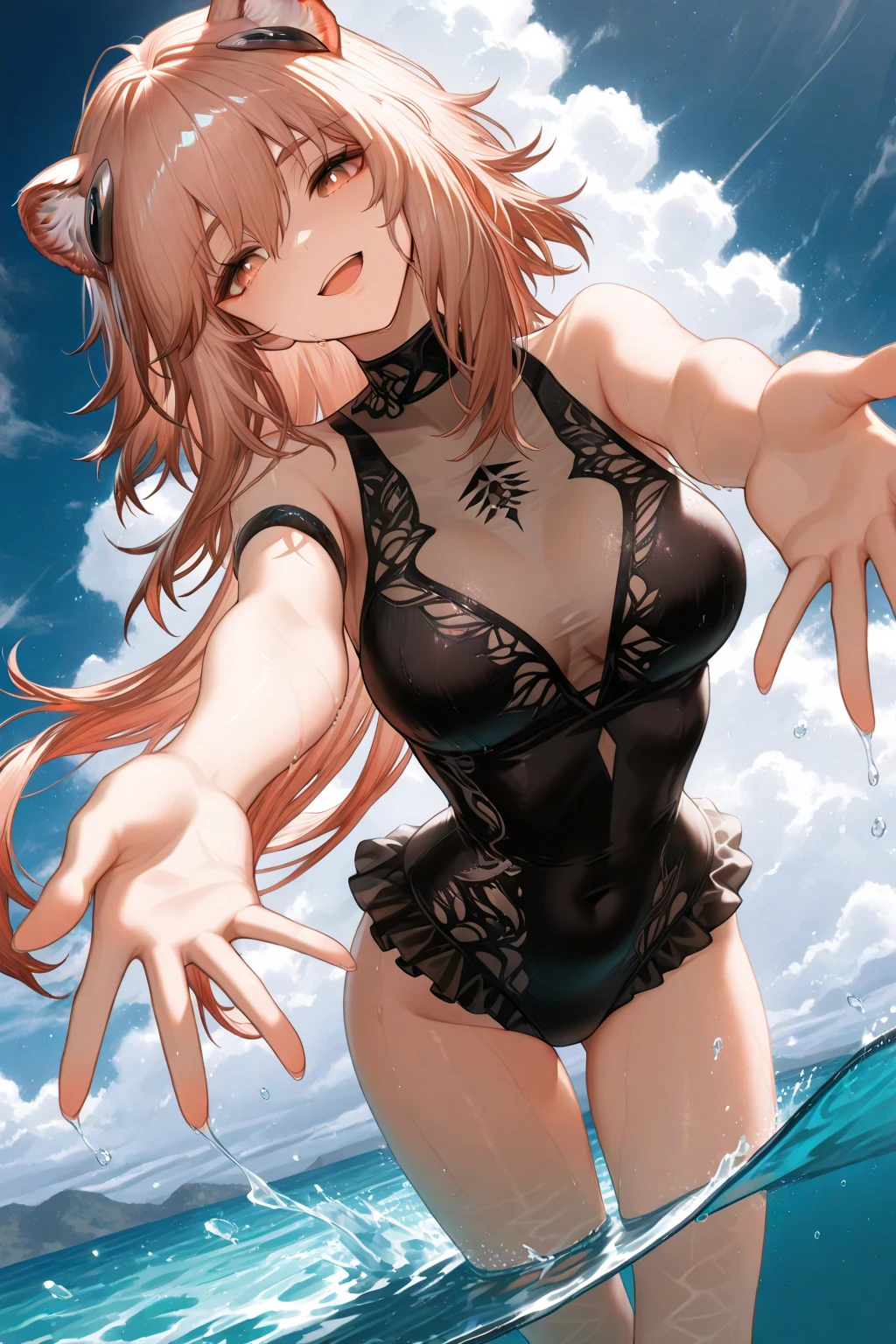 Best quality, tmasterpiece, Incredibly beautiful, very elaborate 8K wallpaper, otherworldly beautiful girl, , (White skin of the), (blonde hair pink gradient hair), Side pony, intermittently, Open your mouth and laugh, Long eyelashes, cosmetics, One eye open, (zoomout, bigger, BigREAK, 夏天, Beachy, (比基尼), Reflection in the water, (Floating water drops blur foreground), (blue-sky), lens flare glow, (water splash), rays of sunshine,