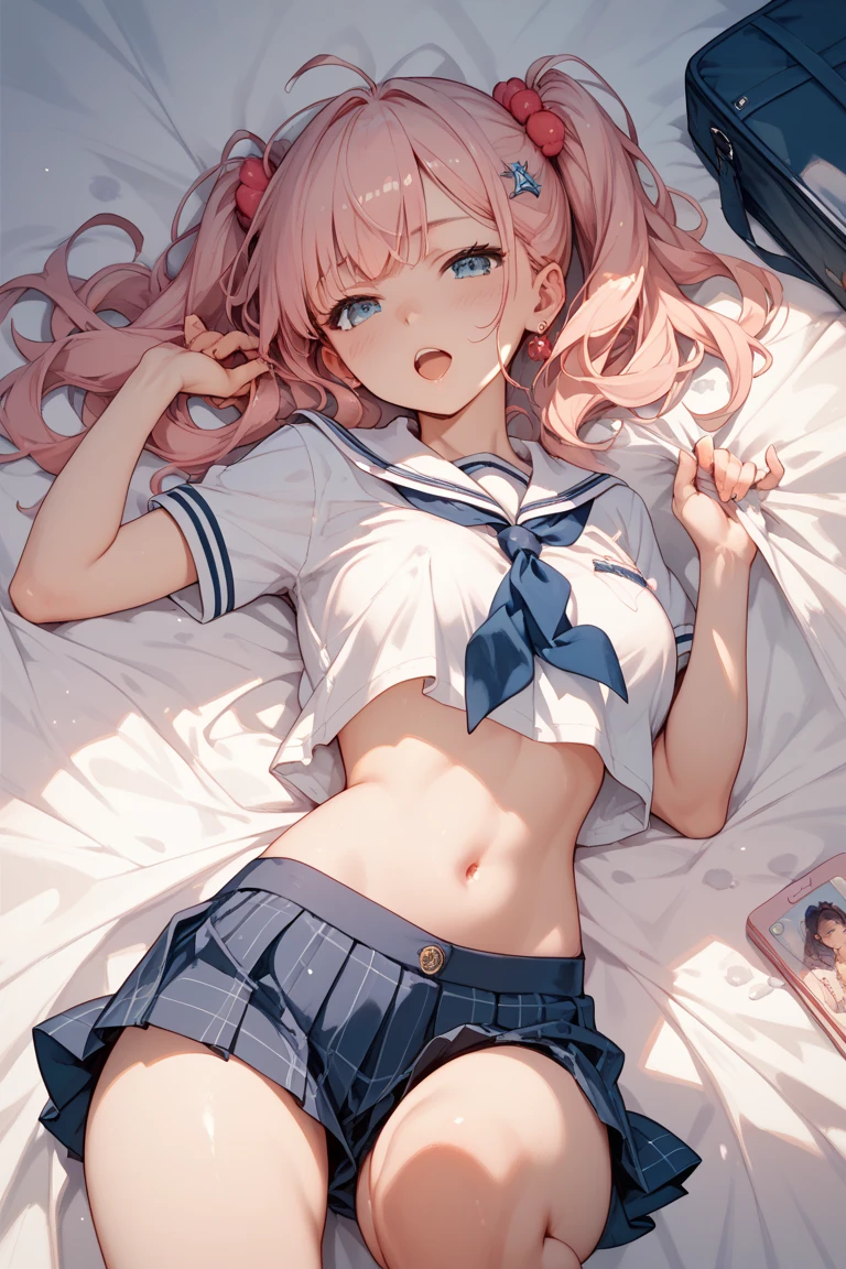 buruma, ((Highest quality)), ((masterpiece)), (detailed), Perfect Face, Perfect Arms, anime, Ultra-fine Illustration, ((1 person)), 13-year-old girl, cute, (tears, Crying face, Spread your legs, Lift your legs:1.3), pussy juice, Medium chest , ((White short-sleeved gym uniform)), (Lift up your shirt, Showing off her white bra:1.3), (Sweaty skin:1.4), Medium twin tails, Bedroom, bed, pillow, night, indoor, Shot from directly above,