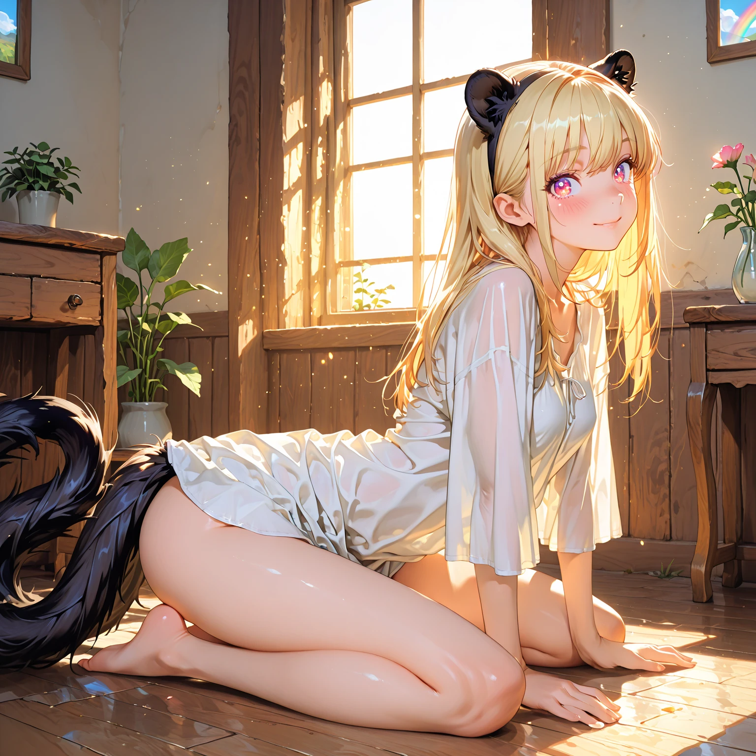 Create a high-quality, detailed image of a beautiful blonde anime cat gamer girl with striking eyes and intricate tattoos. She is alone in a luxurious condo, wearing intimate sleepwear that highlights her midriff and stunning curves. The condo features a high-end gaming setup with a sleek gaming PC, large monitor, and gaming accessories. Soft ambient lighting creates a warm and intimate atmosphere, blending with the natural light from the large window offering a view of the ocean. The focus is on the girl and her gaming setup, emphasizing her passion for gaming in a serene and inviting environment.