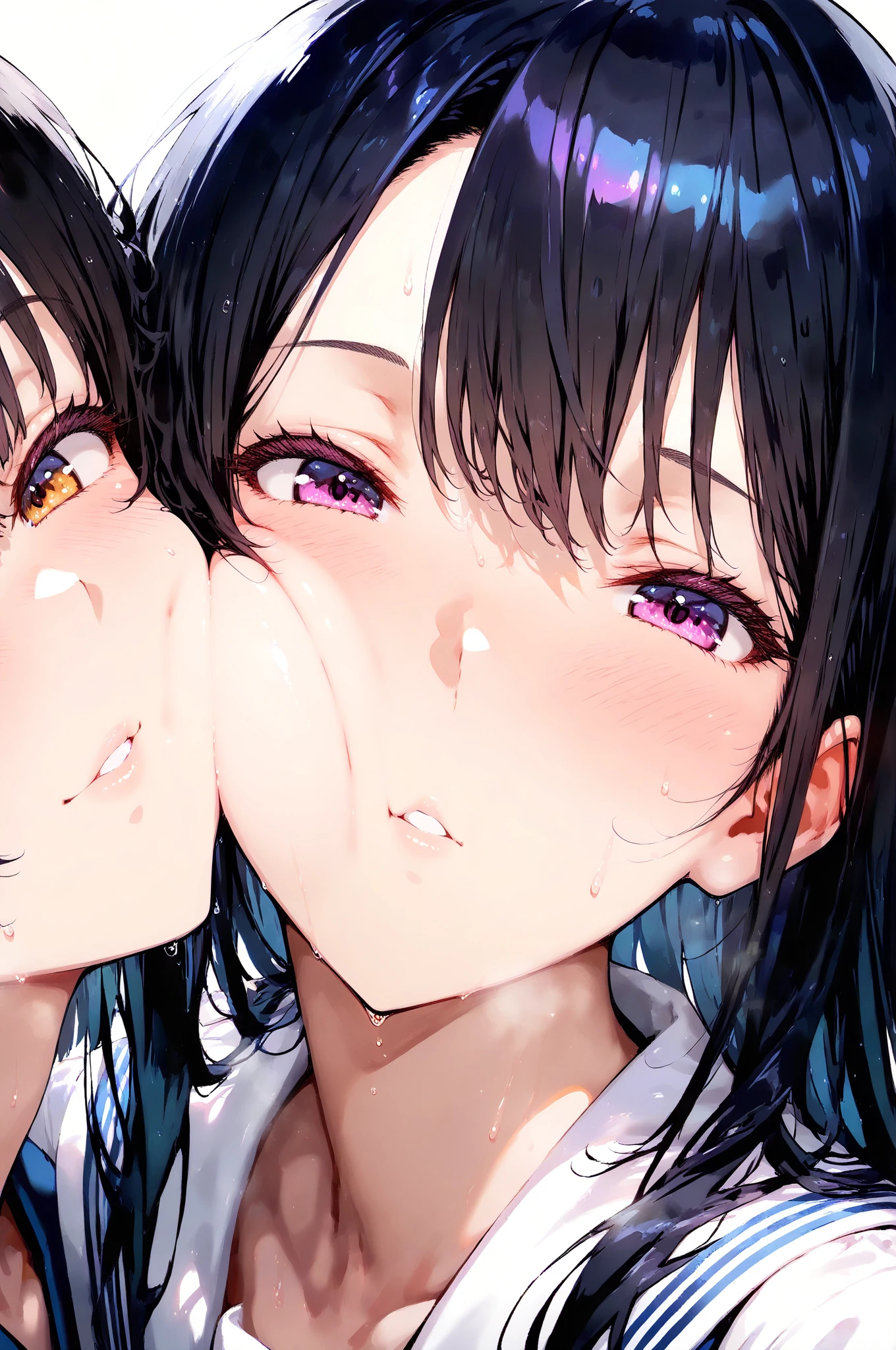 2girls, yuri, lily, tiny girl, young girl, mesugaki, mesugaki smile, tidy, yoing lady, long hair, Black hair, short cut, micro bikini,frilled SKIRT, color, small breasts, big ass, thick thighs, Teasing, naughty looks, heart eyes, Lower arm, Focus on the girl, glossly skin, oily skin, Gravure, pinup, junior idols, image video, fellatio gestures, tongue sticking out, Drooling, girls kissing, tongue kissing, Close up of face, milk, bust up, Masterpiece:2, Top Quality, high Quality, Very Detailed, ultra  High Resolution, super High Resolution, Beautiful Detail, Dynamic angles, perfect lighting, 8k, Animation Style, cartoon style, game cg, 