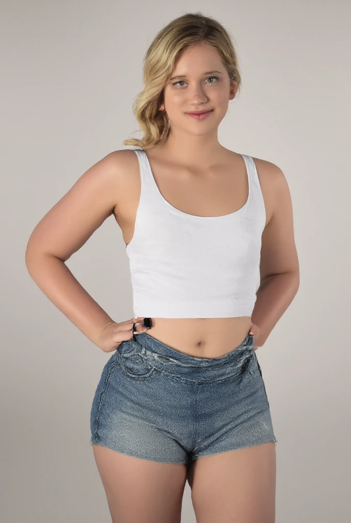 Irish young woman, idol, has a beautiful face, orange and curly hair, freckles on her face, model, wears short shorts tights and a bralette. There is a cafe in the background, cinematic, realistic, 4K