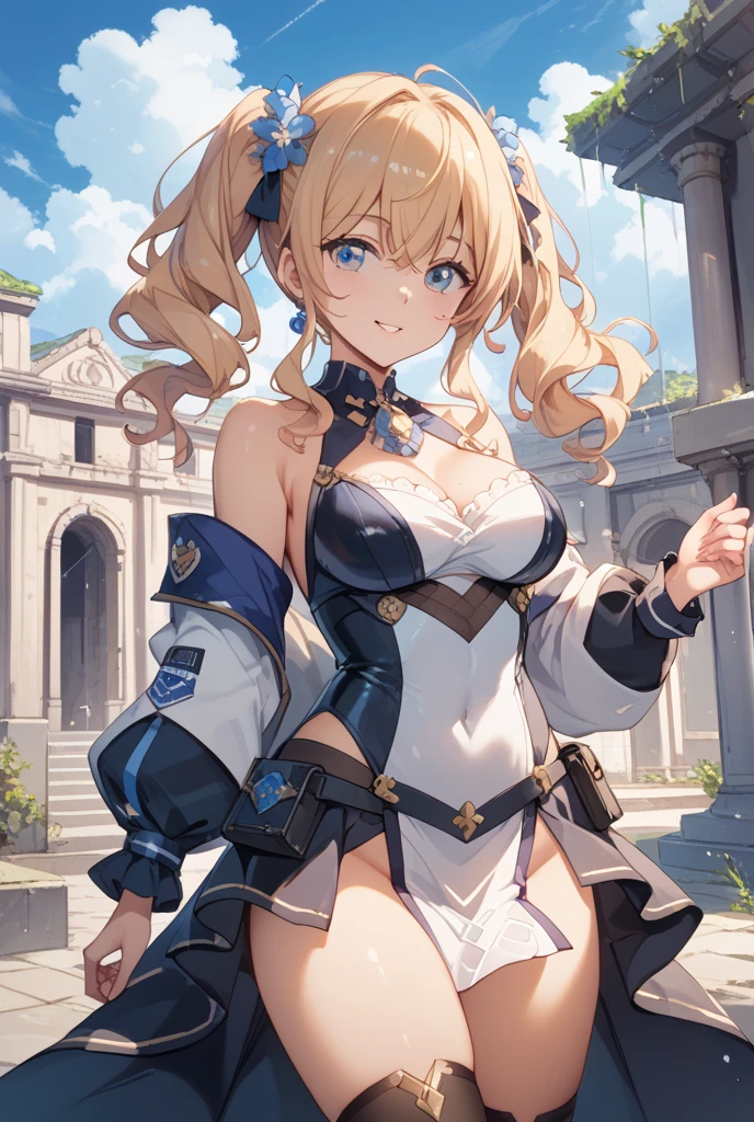 16k, highres, masterpiece, best quality, 
dutch angle, cowboy shot,  
standing,  arms up, armpits, from below,
o_o, :o, looking afar,
magical princess, blonde hair, long hair, (red eyes:1.3), 
hairband, jewelry, shoulder armor, bracelet, blue dress, armor, pauldrons, belt, choker, cape,
