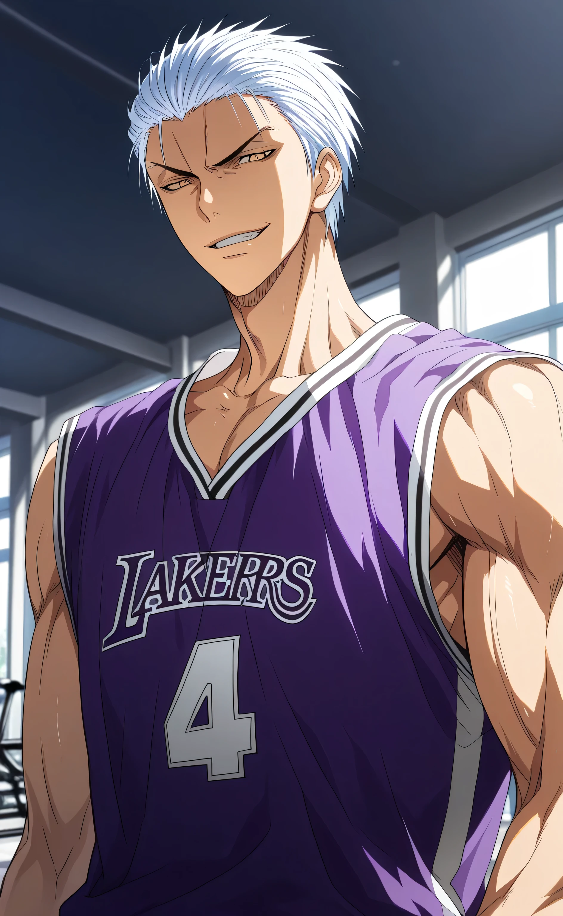 1male,solo,Ryuga,white hair,short hair,slicked back hair,yellow eyes,evil grin,LA Lakers Home Jersey,purple shirt,muscle,gym,school,half-body,Kuroko no Basuke