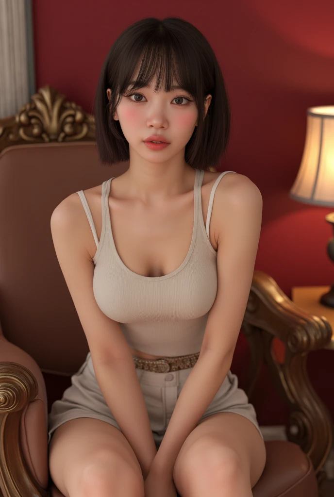 Front view、28 years old,1 Japanese female,((Sitting on the floor))(((Wearing glasses)))((Wearing a white tank top))((Her breasts are popping out of her shirt))(((She is wearing a light brown flared skirt..)))(((Sit with your knees raised and your legs wide apart)))((Accentuated crotch))((Focus on fit around the crotch))(Big Breasts)(Large Breasts),(Beautiful breasts)(Moderately voluptuous body)(Black pixie cut hair),(Best image quality, (8K), Ultra-realistic, 最high quality, high quality, High resolution, high qualityの質感, Attention to detail, Beautiful details, Fine details, Extremely detailed CG, Detailed Texture, Realistic facial expressions, masterpiece,(Wearing glasses:1.1) ((Sitting on the floor with legs apart)) (((Accentuates curves from chest to waist)))(((Photograph the whole body)))