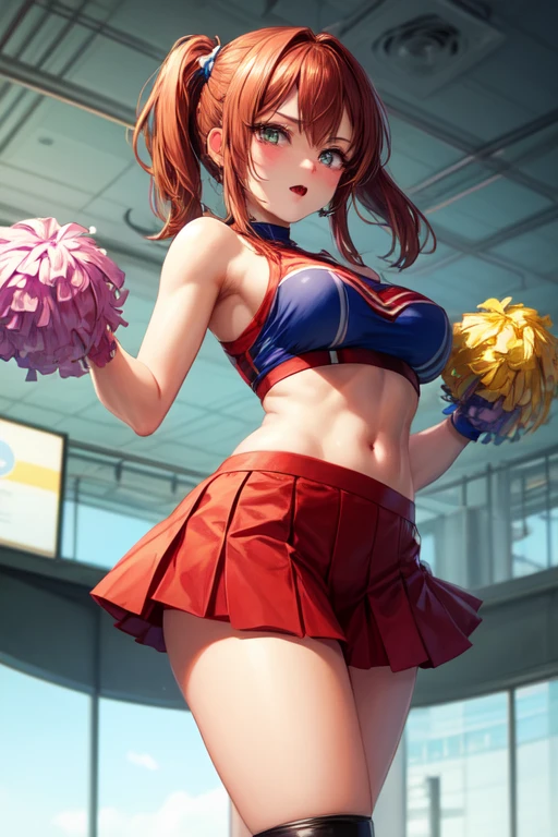 japanes, college aged, femele, 22year old, Beautie, cute little, dual, big eye, sexy lip, whimpering, looking at viewer, sexy body type, large full breasts, a large bust, Big ass, large hips, cheer girl, cheerleaders, pleatedskirt, wear panties under the skirt, Skirt twisted, roll up skirt, I can see my panties, facing back, stage performance, from below,
