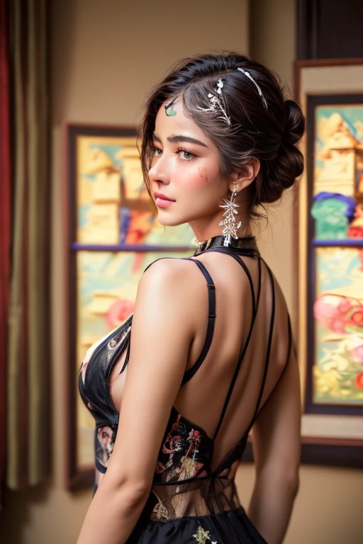 (high-level image quality, high-detail, high quality, high resolution, Draw everything in high resolution), full body, standing, (huge breast:1.6), cleavage, Very intense crystal light blue eyes, Very pale blue eyes, pink heart-shaped earrings, Look firmly at the camera, Put your ears out, short black hair with a beautiful sheen, Beautiful very short beautiful hair with bangs, Show off all the beautiful décolletés, Beautiful 24 years old, lip gloss, long neck, happily laughing, Smiling very happily, Beautiful teeth alignment, Beautiful teeth, Beautie, Pretty Woman,  (white theme:1.3), (white mandala pattern wool muumuu:1.5), (rabbit ears:1.3), (white sneaker:1.3), (silver accessories and bracelets:1.2), BREAK
(white mandala background:1.4), (fog, mist:1.6), illuminate the back with very strong light from the windowsill, Very immaculate background, Really snow-white background, Slightly bigger eyes, Brings intense light to the eyes, Beauty with slightly wider shoulders, tall supermodel, Long-legged supermodel, Female sexy, Turn your face slightly to the side, Very mature and beautiful woman, Very small face,