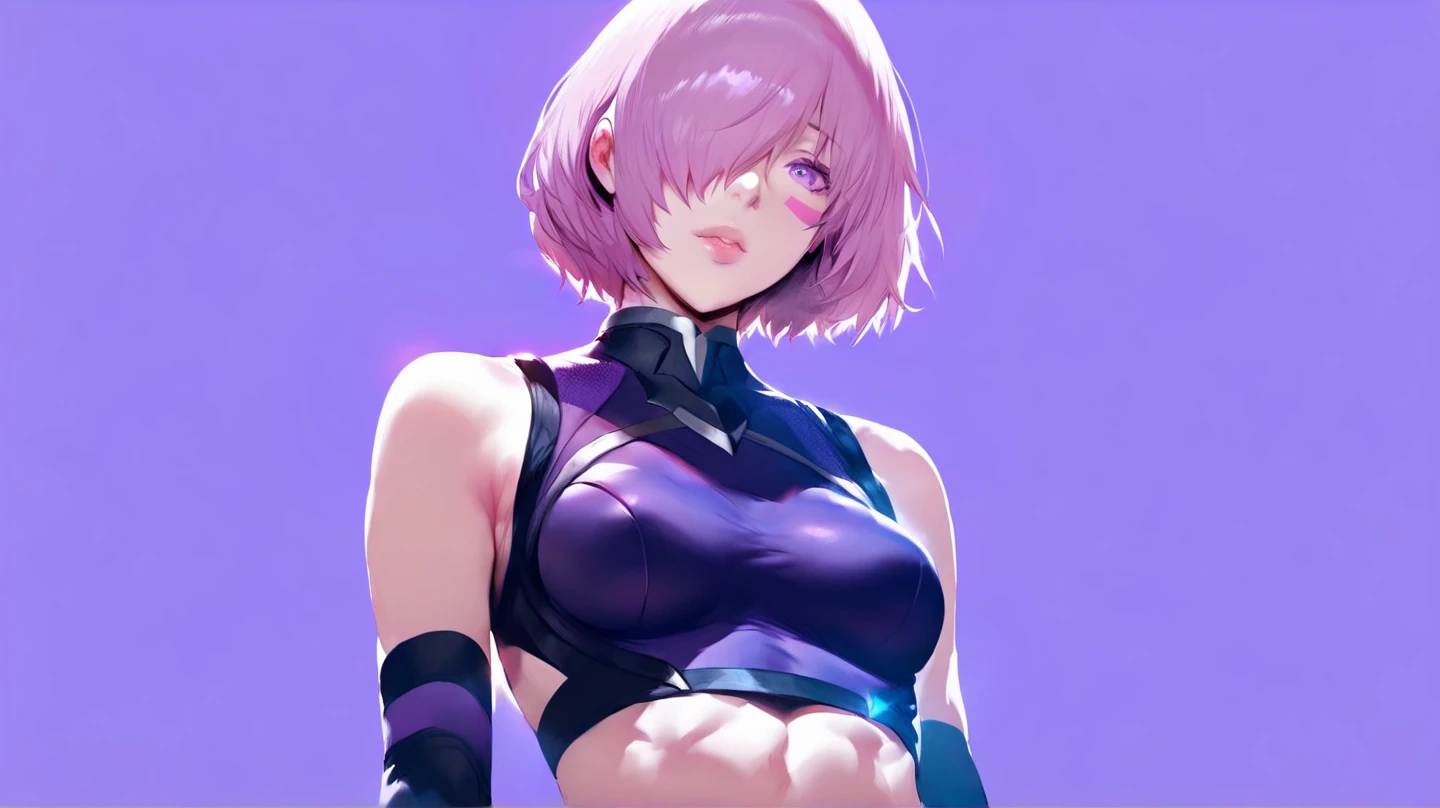 ((masterpiece, best quality)), 1girl, nyah, pink hair, pink eyes, short hair, spike belt, crop top, midriff, pink skirt <lyco:nyahBeatmania:0.6>
