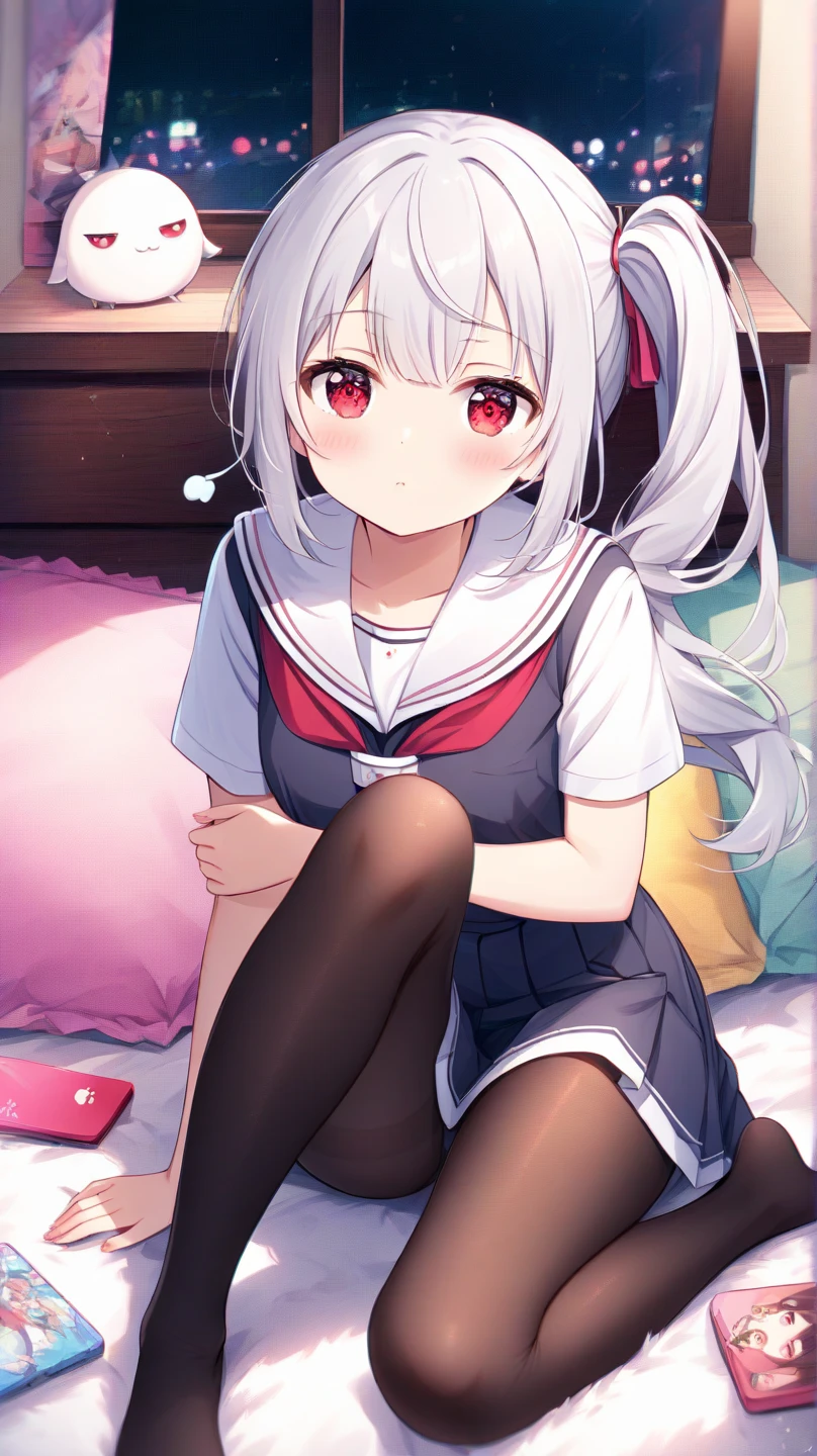one girl, black sailor uniform, plaid skirt, long sleeve, naive, cat ears, thirteen years old, long hair, light blue eyes, white hair, aphrodisiac, heart mark, hypnosis, on bed, wariza, estrus