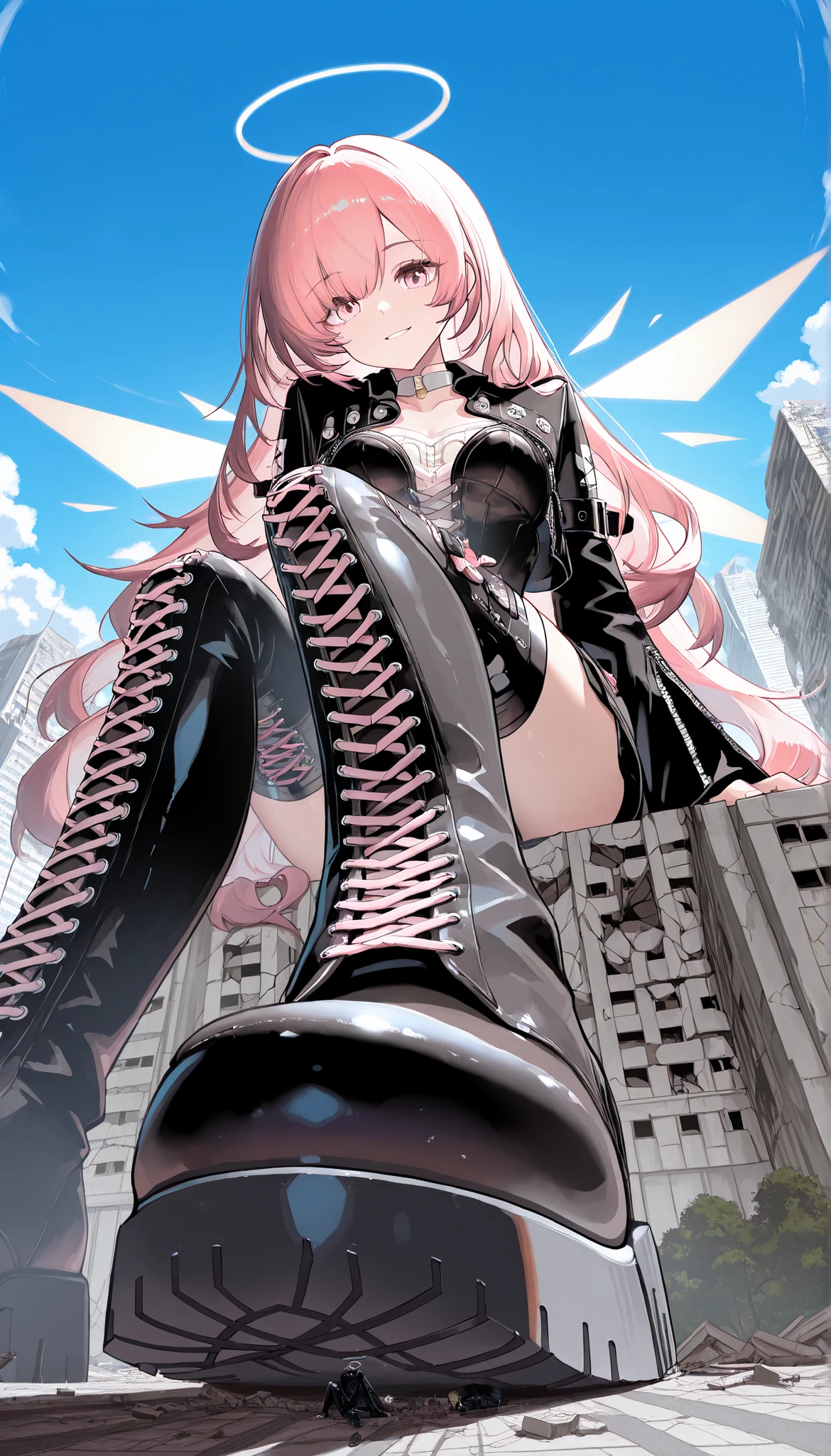 lemuen_\(arknights\), All buildings are the same size, Buildings of the same height, (giantess:1.4), (microcity:1.2), collapsed city, ruins, Collapsed Building, pink eyes, pink hair, straight_hair, white halo, energy wings, white choker, cropped jacket, cross-laced dress, bustier, belt buckle, arm belt, It shows the back of the shoe, zipper, zettai ryouiki, white_shirt, newest, absurdres, solo, 1girl, long hair, very aesthetic, newest, Smile, lace-up boots, Push the building down with your shoes, Destroying buildings with shoes, (sitting on the ground:1.4), legs extended, Press your foot against the screen, (Focus on the bottom of the shoe:1.2), foreshortening, panorama, pov, from below, masterpiece, best quality, highres