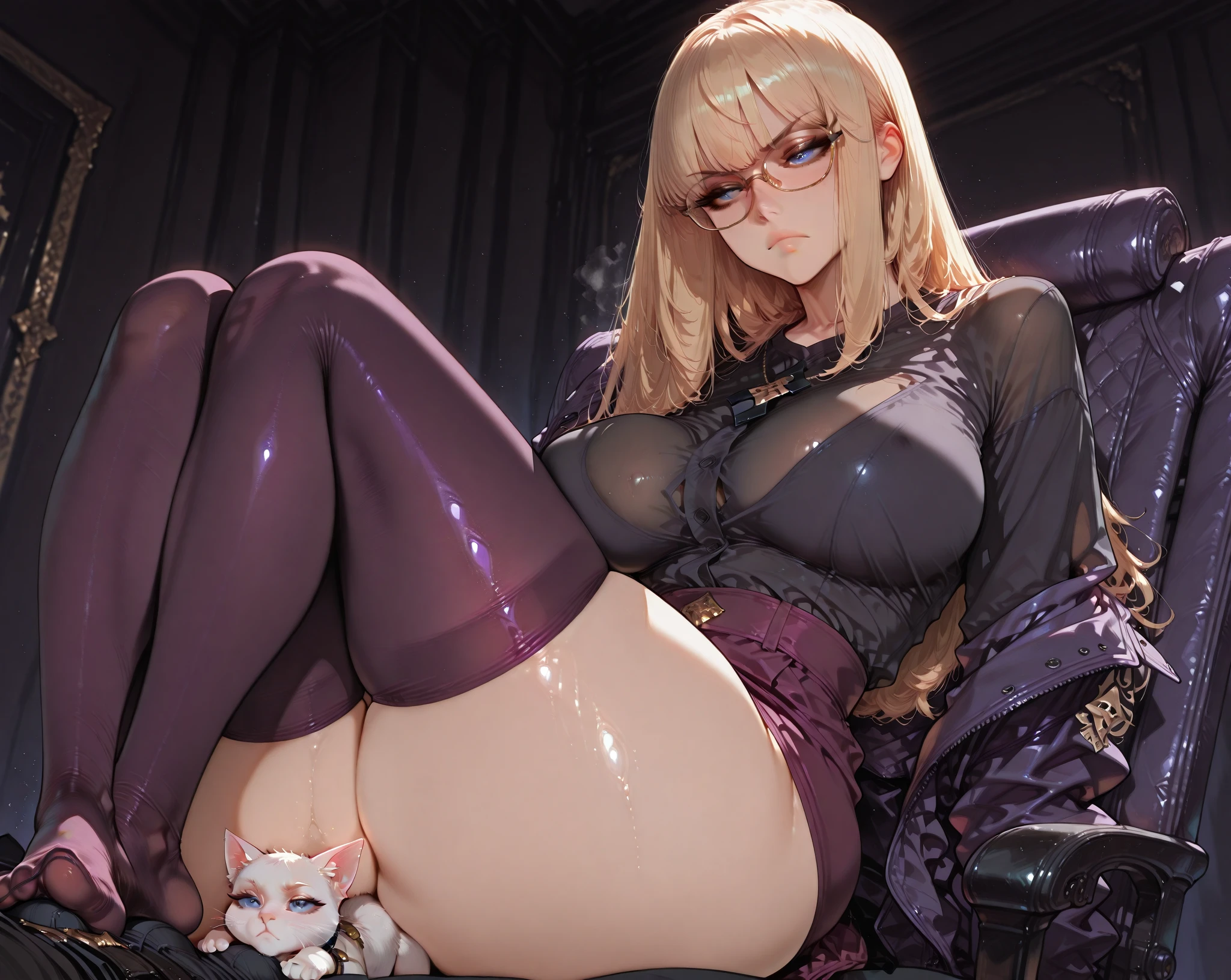 Masterpiece, Best quality, Realistic, Photorealistic, Great lighting, Ultra-detailed, Dynamic Angle, Perfect face, (Bright lighting:1.2),Beautiful detailed eyes, Extremely detailed face, Perfect lighting, 1girll, Yellow double tail hair, Glasses, nakeness, Bare chest, Stockings, High-heeled shoes, composition looking up from below, Room, Bed, (M legs, crouched), lifting up skirt, Sweaty, Wet body, Navel out, Thighs sticking out, Buttocks hole buttocks, Large of breast, Slim, Slender, Translucent body, Transparent, Embarrassed expression, Blush,