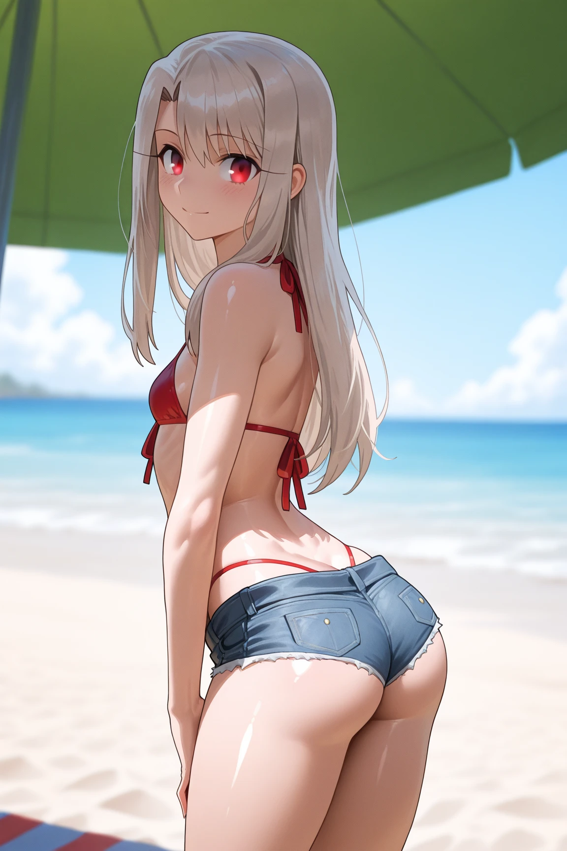 Meisterwerk, (realistisch), high-res, hochdetailliert, kompliziert, Beautiful women, rote Haare, blaue Augen, Sommersprossen, detailliertes Gesicht,  pink swim suit, from behind, looking at viewer, showing ass, smile, roped, tied up, bondage, on beach, coconut, cat girl, on all fours 