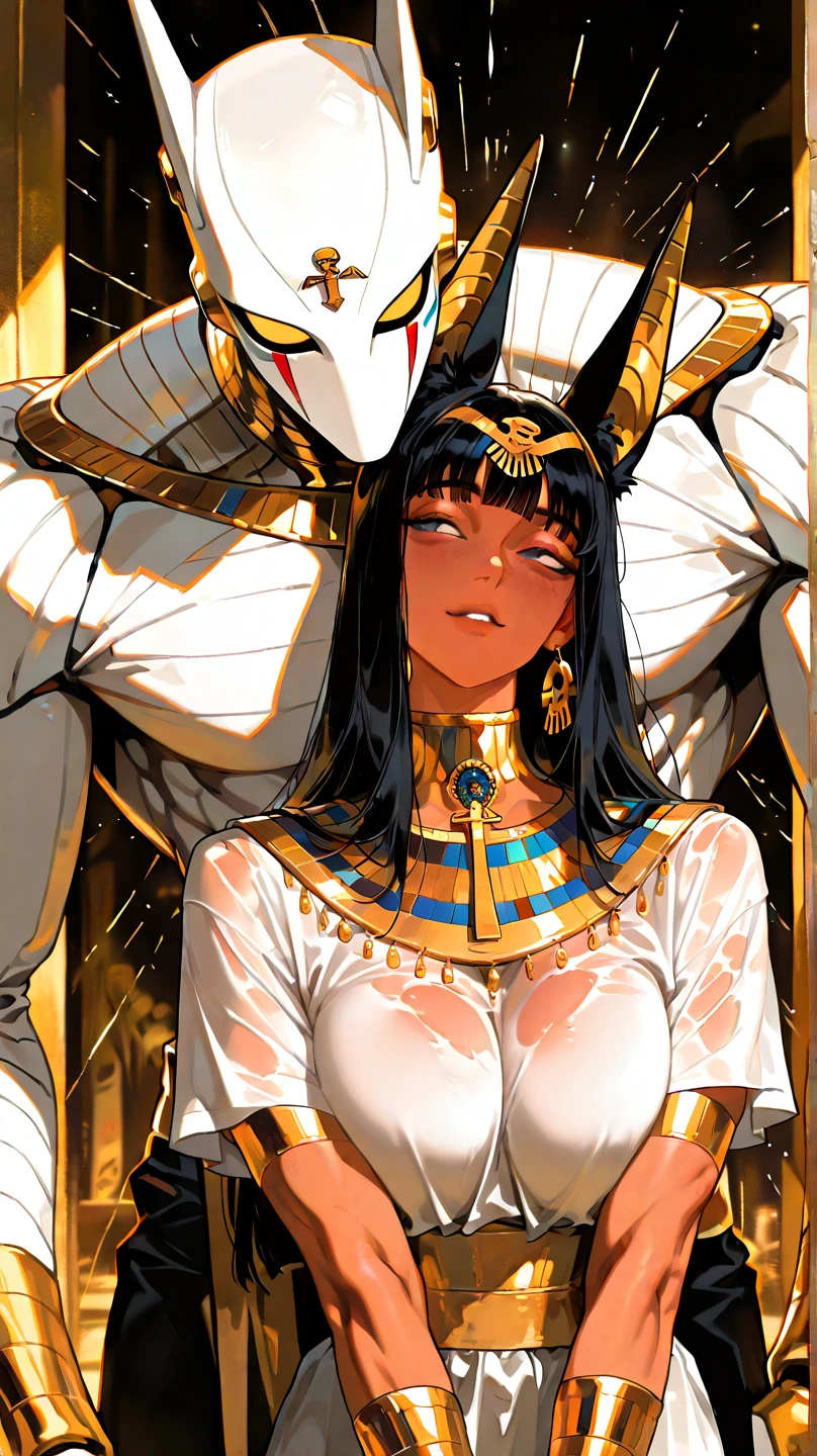two Women,one with tan skin, one with paler skin, both have bangs covering eyes. one Chestnut brown long hair, one has long silver hairs. both have Volumptious body. Covered in bandages like a mummy. Revealing clothes, . one with Golden circlet, one with silver circlet. Giggling. Evil smile, egyptian style clothing, egyptian style hairstyle, thin waist, large breast, alluring body, kneeled, mouth veil, pushing  against each others, grasping each other hands