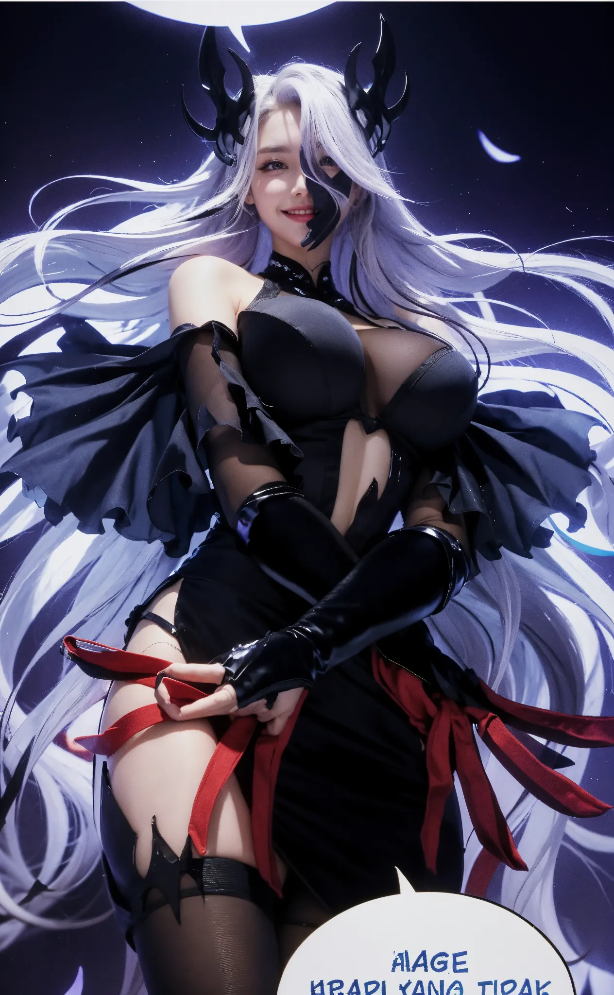 masterpiece, high quality, 4K, HDR, a black halo above her head, black horns, a thick black tail, with bangs large black wings on her back, A silver-haired, long-haired woman, red eyes with a stern gaze, sharp teeth, and slightly pointed ears. She has a neutral expression and is wielding a spear or lance. BREAK Detailed, high-fashion clothing and accessories BREAK Full-body, dynamic pose with the character looking directly at the camera BREAK Dark, fantastical setting with dramatic lighting, athletic, toned body, medium breasts