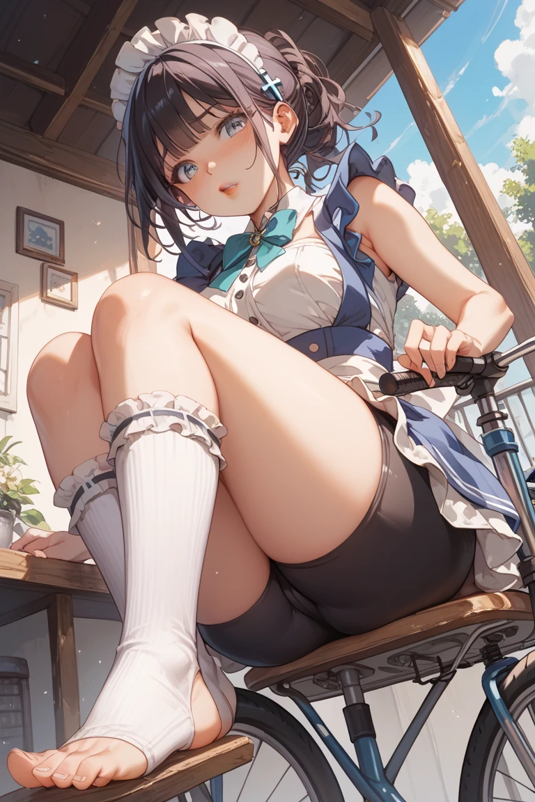 (1 person),(Best image quality, 8k, masterpiece:1.3), (high school student:1.5), ((Black bob haircut:1.1)),(Swept-apart bangs), (Cute eyes, Dark Eyes, Iris Sky Blue, like々funny Face), (Mole under right eye), (Standard weight), (Large Breasts),(Big Hips), (Glowing Skin:1.1),(Pale skin:1.2), (Hunchback),(wariza),(Black Lace Bra, Black Thong,garter belt,Black high socks),(Crotch close-up),(Sweat),(classroom),(evening),(dim),(A fantastic atmosphere),(look up),sight, Smiling face,Ultra-high resolution, Textured skin, Big Ass, Sparkle Effect, Leg spread,Spread your legs,Spread your legs,Accentuate your butt,Black headband,(Brush your hair up with your hands), slouch,Braid,Shy, high school girl,uniform,Blushing, smile, 