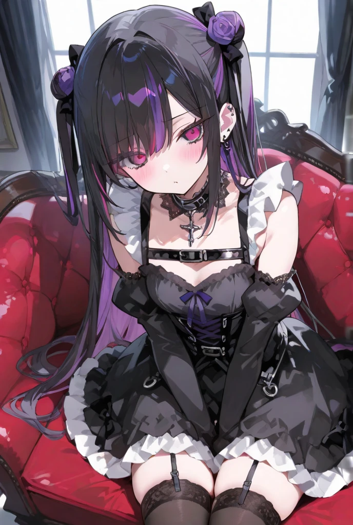 there is a woman sitting on a couch with a knife in her hand, burlesque psychobilly, dressed in crustpunk clothing, fishnets and a long tartan skirt, gothcore, inspired by Nan Goldin, taken in 2 0 2 0, gothic horror vibes, elvira in tattered clothes, profile image, cybergoth, iren horrors, alluring and terrifying