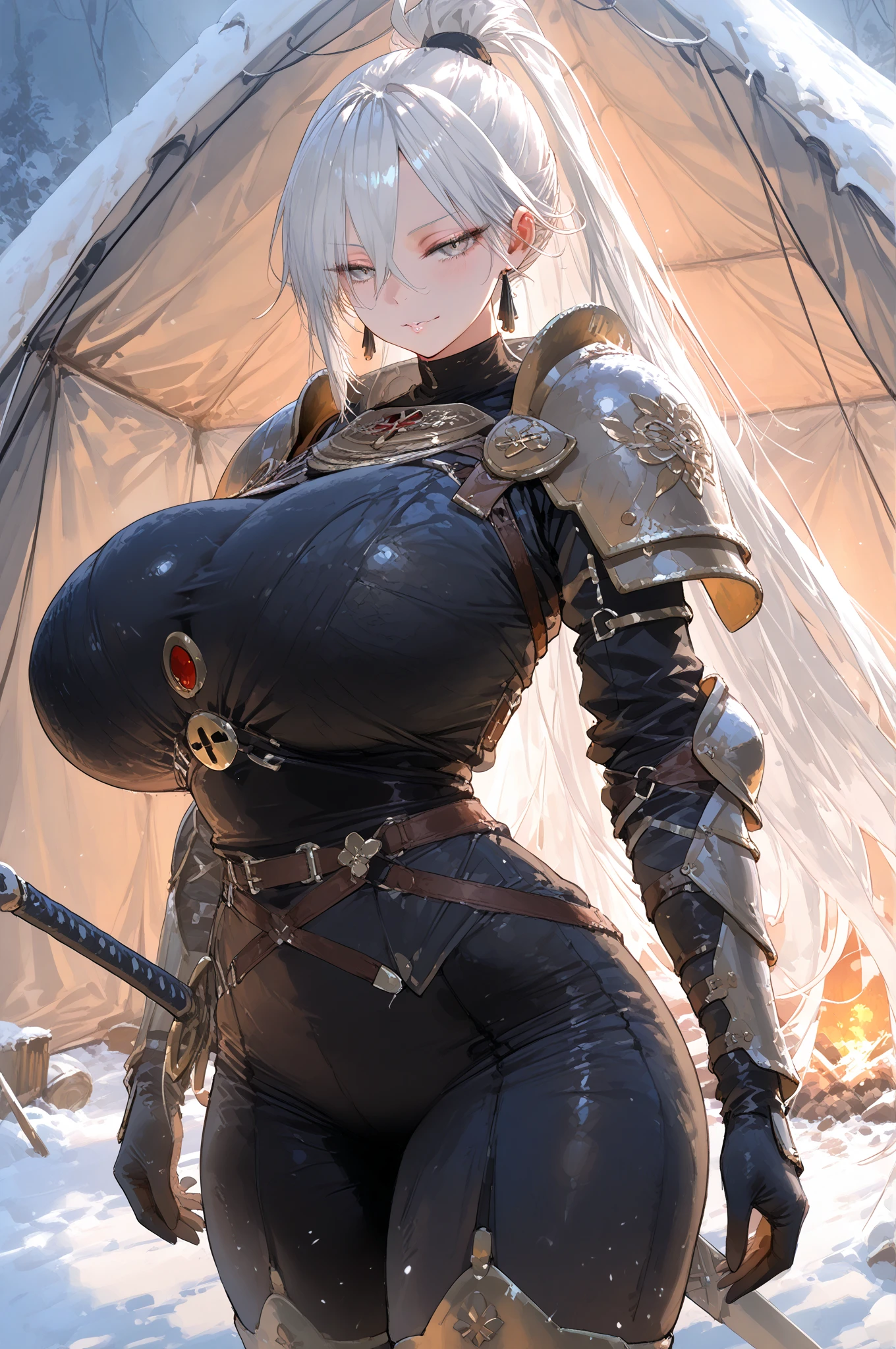 1girls, alternate body type, alternate breast size, areola slip, areolae, armpit hair, branded, branding mark, breasts, busty, clothed, clothing, cowgirl female, green eyes, hairy pussy, huge breasts, light skin, looking at viewer, venus body, voluptuous, white hair, wide hips, Face scar