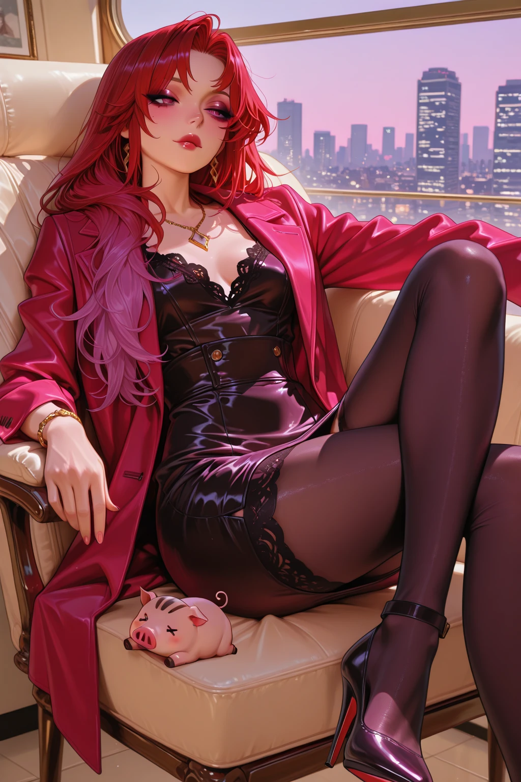 1girl, the boss of the company, with long black wavy hair and gray eyes, tall, thin, sexy, contempt and arrogant and elegant, behind her from the 21st century there is a window showing the various buildings of the city, ((black translucent suit jacket with pink bra open front))