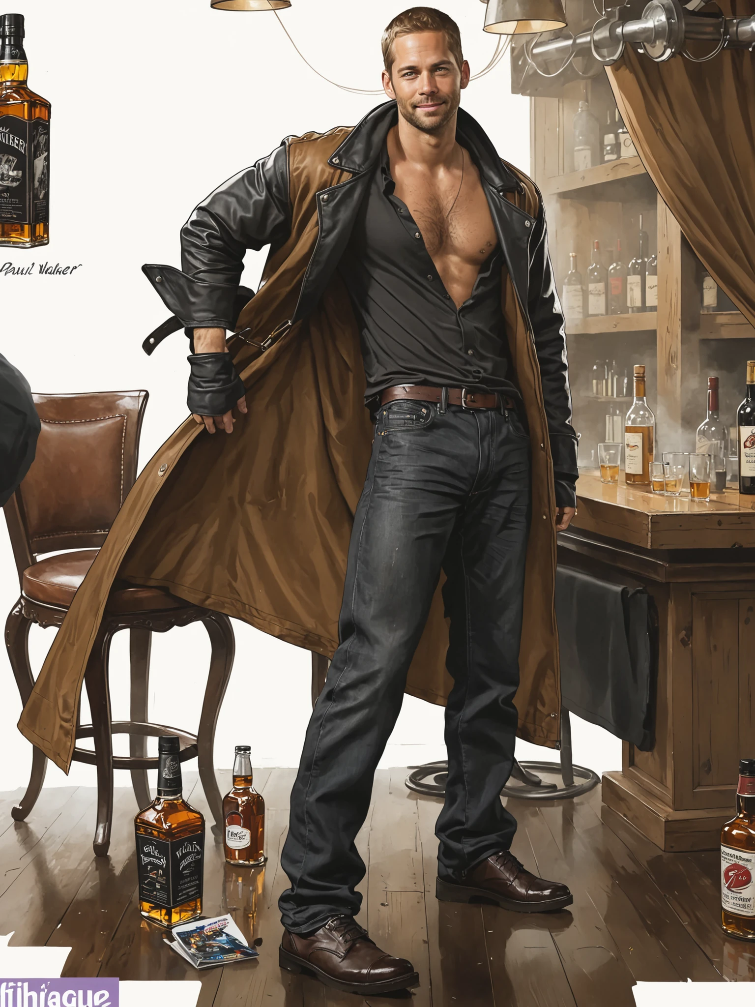 homoairotic illustration, traditional media, solo, smirk, 1 man, leaning against a bar, monochrome, male focus, boots, ink \(medium\), homoerotic <lora:homoairotic-ill:1>