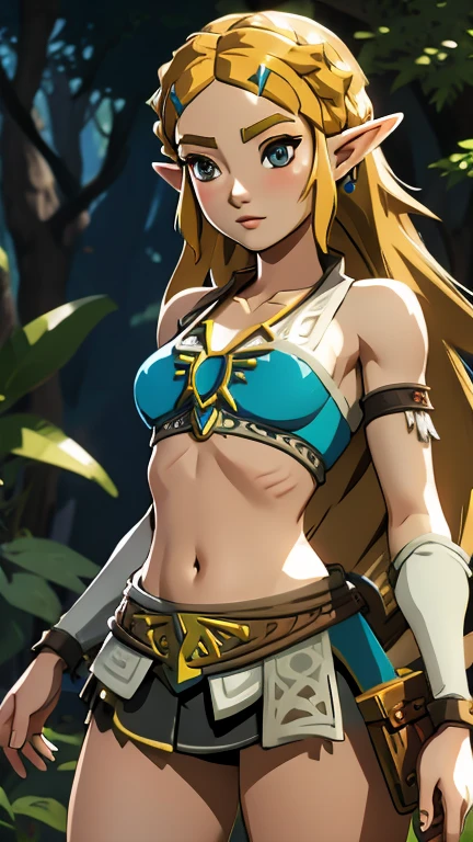 botw style, princess zelda, 1girl, white underwear, wet, bangs, blonde hair, breasts, closed mouth, expressionless, from the front, green eyes, looking back. highres, jewelry, long hair, outdoors, pointy ears, small breasts, solo, standing, the legend of zelda, tree, upper body, (white bra and white panties), ((low angle, from below, cameltoe))