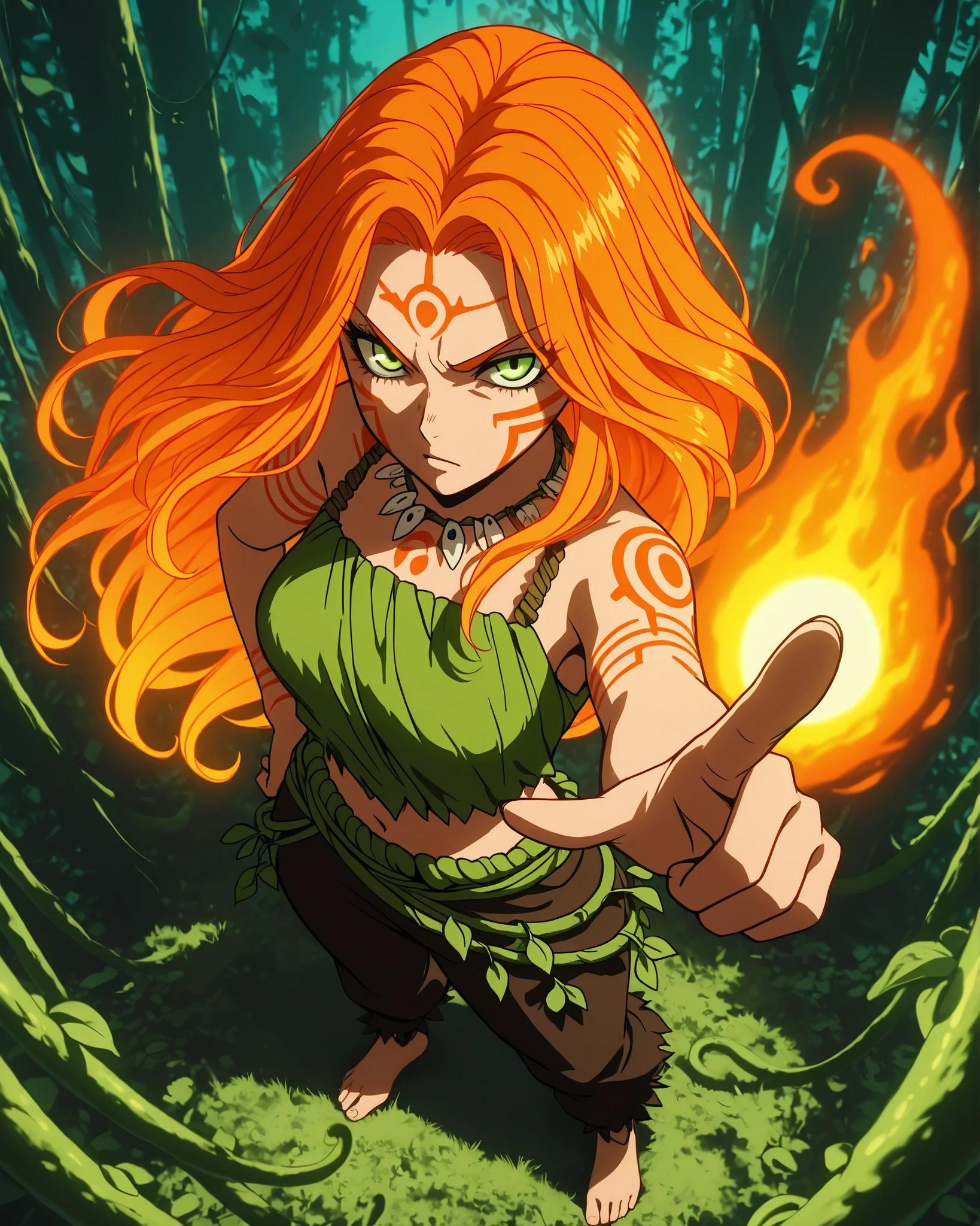high angle, full body portrait, (intricate details, ultra high resolution, masterpiece, 4k, vivid colors, detailed image), {1woman}:(a forest spirit woman with vibrant orange hair made of living fire, bright green eyes, and tribal markings on her face, standing in a lush, mystical rainforest, she is barefoot and her feet are (anatomically inverted:1.20), soles and (toes pointing backward in a natural way:1.20), based on (Brazilian folklore Curupira:1.20), she looks fierce and protective, her expression defiant, wearing a short, leaf-textured outfit made of enchanted forest vines and bark), tropical wildlife surrounds her with soft, magical light filtering through the trees, cinematic lighting, fantasy anime style