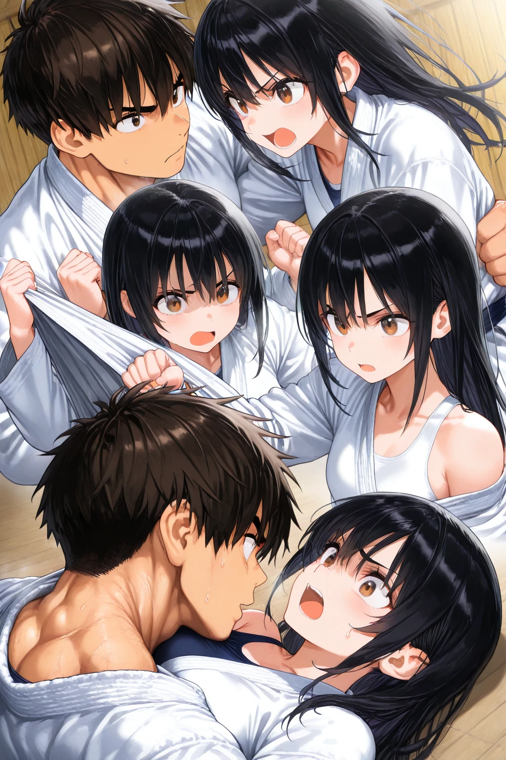 nsfw,High quality,doujin manga style,Beautiful girl,High-definition illustrations,Masterpiece,milf woman,Black Hair,mother,drooling,Medium breasts,beauty breasts,fall into pleasure,Hentai sex,hardcore,Sex slave,Clothes are torn,BDSM,vaginal penis,spoken japanese,japanese onomatopoeia,Cuckold face,Great pleasure,amazing orgasm,Hugging Sex,Pleasure training,Throwing her face back in intense pleasure,Lift your chin up,Lean your face upward,Fucked by a muscular man,Being forced to kiss