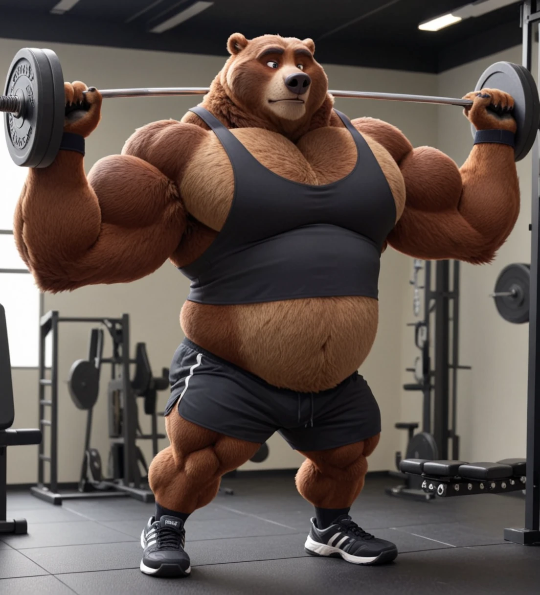 Solo, 1boy, huge muscular kodiak brown bear in big gym fitness center, big smirking, kodiak bear, huge brown fur, thick arms, huge arms, big paws, veins all over arms and chests, bald, big brown mustache and beard, (muscular, pectoral, wide pectoral, thick arms), HEIGHT: 220CM, WEIGHT: 320KG, gym sets, workout equipments, ring, punching bag, realistic, 8k, masterpiece, added cinnamon colored eyebrows, deatiled eyes with red pupils, (wearing black mixed martial arts shorts with red slits, black mixed martial art fingerless gloves with red pads, black toeless footwear tapes, shirtless and topless), punching and kicking techniques, 