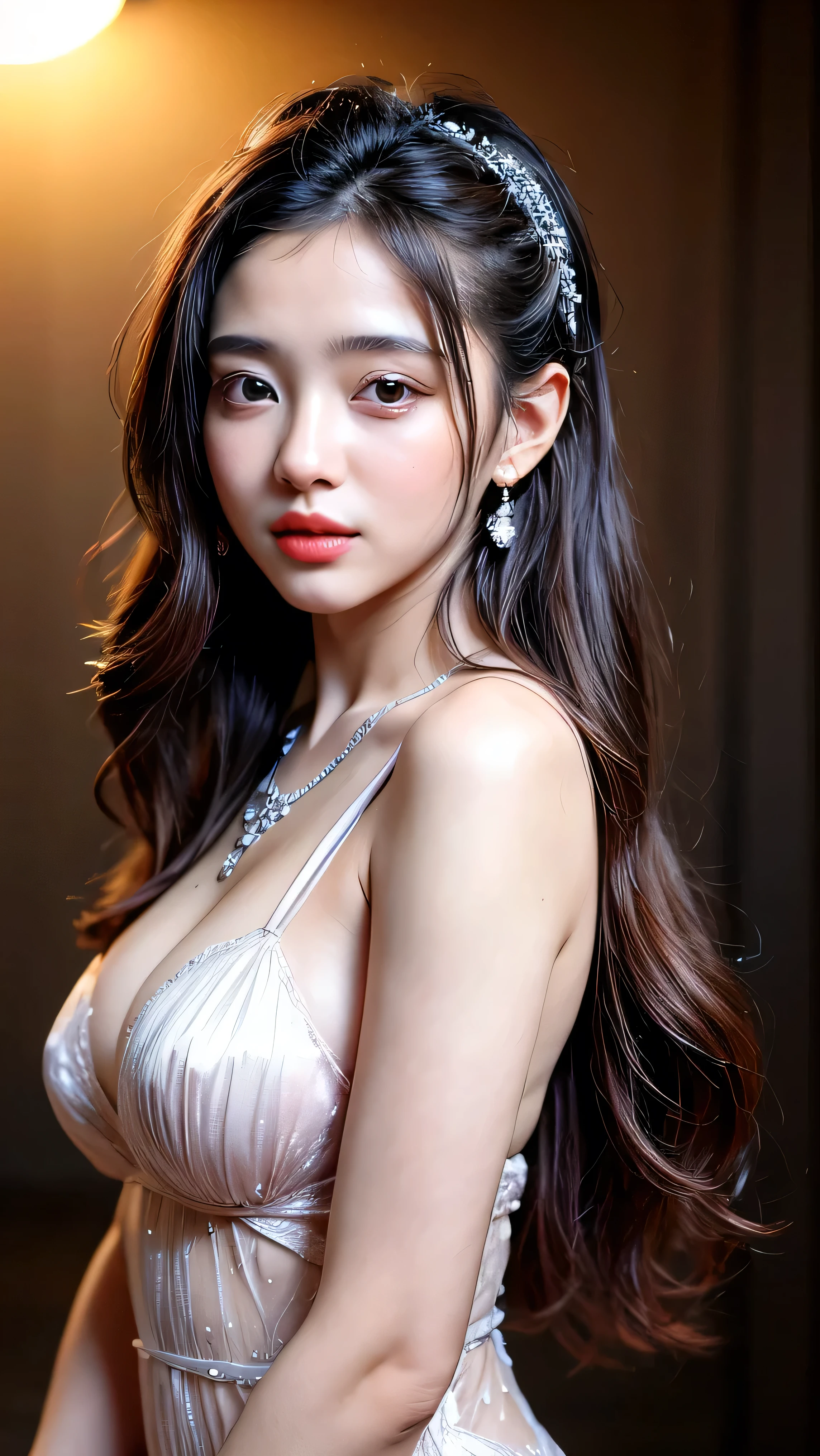 top-quality、​masterpiece、超A high resolution、(Realistic:1.4)、Raw photo、1 17-year-old girl、ssmile、A sexy、large boob、lighting like a movie