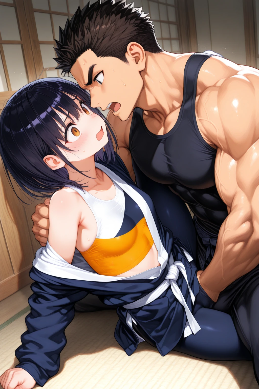 gym, workout, hot, sweating, sweaty, tan, big , tan skin, flustered, blush, no clothes, see thru, no pants, man , sex, having sex, black hair, girl, huge man  girl, man and woman having sex at the gym, girl riding mans , cowgirl pose, sex,