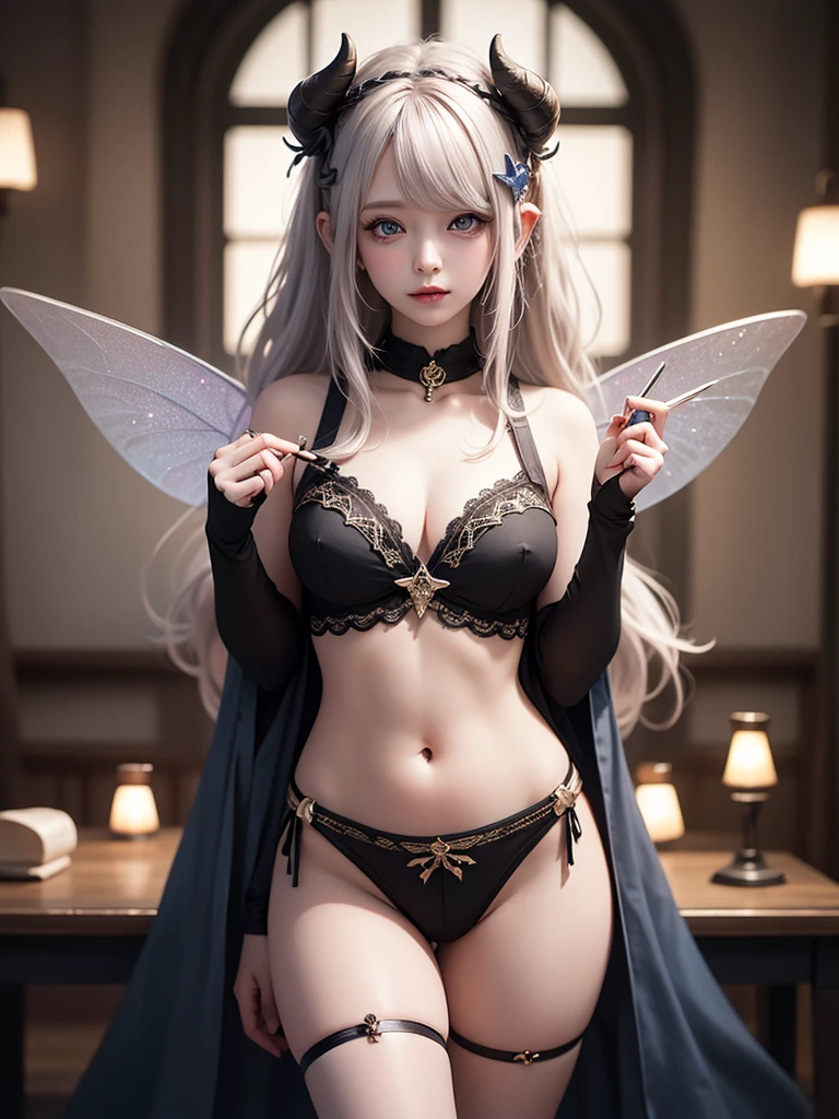 (8K、Live shooting、realistic:1.25)、1 girl、Tinkerbell looks like a 14 year old girl with a beautiful face、on top of an old castle、The moon is out、(silver hair、dance happily in the air:1.1)、side shot、fairy wings are transparent、smile、whole body、luminous bikini swimsuit、lip gloss、Glossy skin、highest quality、ultra high resolution、