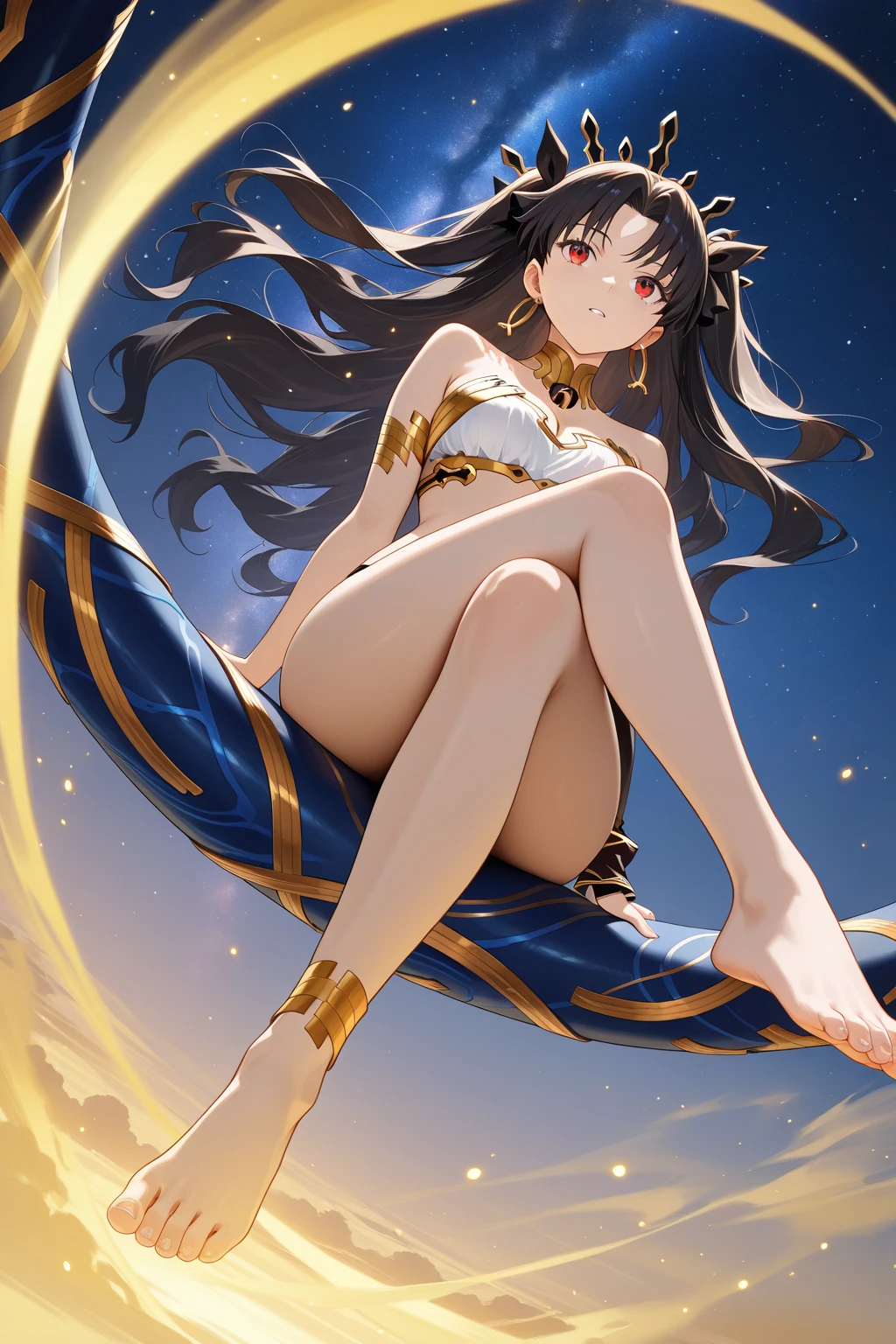 1girl,solomasterpiece,best quality,high quality,highres,absurdres,very long hair,messy hair,<lora:add_detail:0.8>,<lora:eyes:0.6>,dynamic pose,(full_shot:1.2),mature,<lora:fashigirl-v6-nai-5ep-resize:0.3>,<lora:IshtarV2:0.8>,ishtar \(fate\),black hair,navel,narrow waist,perfect hands,barefoot,bare shoulders,earrings,perfect feet,long legs,