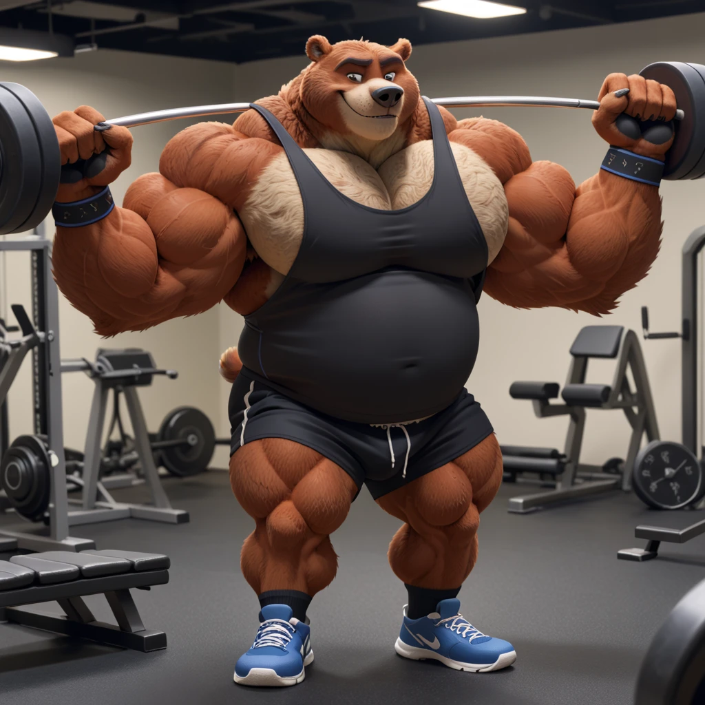furry, fur taur, beartaur, human-like, anthro,  middle-age, solo,1man, detailed face, bear ears, bear eyes(brown), bear nose(black), bear mouth, beard(grey), hair, mature hair(grey), detailed arm, thick arm, forearm hair, muscular, thick hands(5 fingers), thick claws, detailed body belly, thick body, muscle belly(white), thick chest, chest hair(white), nipples, detailed taur body, thick taur body, waist hair, thick bear paws, bear paws hair, thick bear claws, thick bear tail, full body shot, standing in the asia fitness centar