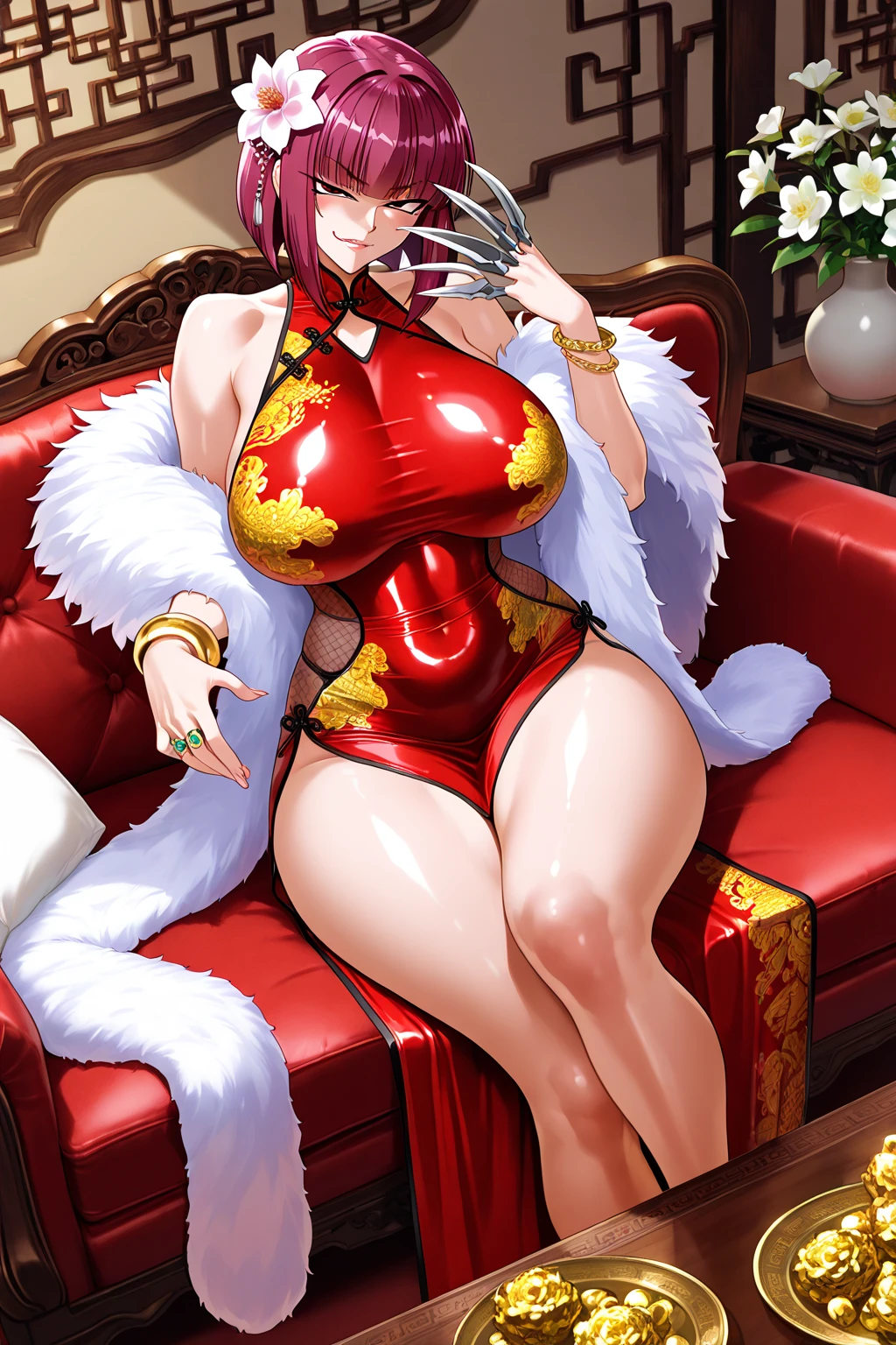 Wearing a layered necklace； A symbolic ring is worn on her finger, On her wrist she wears a watch of a well-known brand and an exquisite bracelet.A mature Chinese woman , Gray hair,Sitting on the sofa ,Show her confidence and charisma.Thick thighs，Fleshy thighs，showing her thighs，Naturally large breasts，gigantic round breasts，Busty and mature woman，Supermodel figure，Perfect body，Wearing embroidered silk pajamas, Messy hair hanging on the chest, She looked haggard, But her red lips are particularly eye-catching.She wears a garter.Wet and permeable top feminine。Embroidered cheongsam。