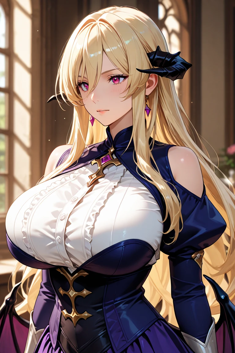 (masterpiece), best quality, expressive eyes, perfect face, a woman is in a long gown and wearing white gloves, 1girl, solo, breasts, purple dress, long hair, large breasts, tiara, red eyes, cleavage, smile, blonde hair, jewelry, bare shoulders, ponytail, grey colored skin, necklace,